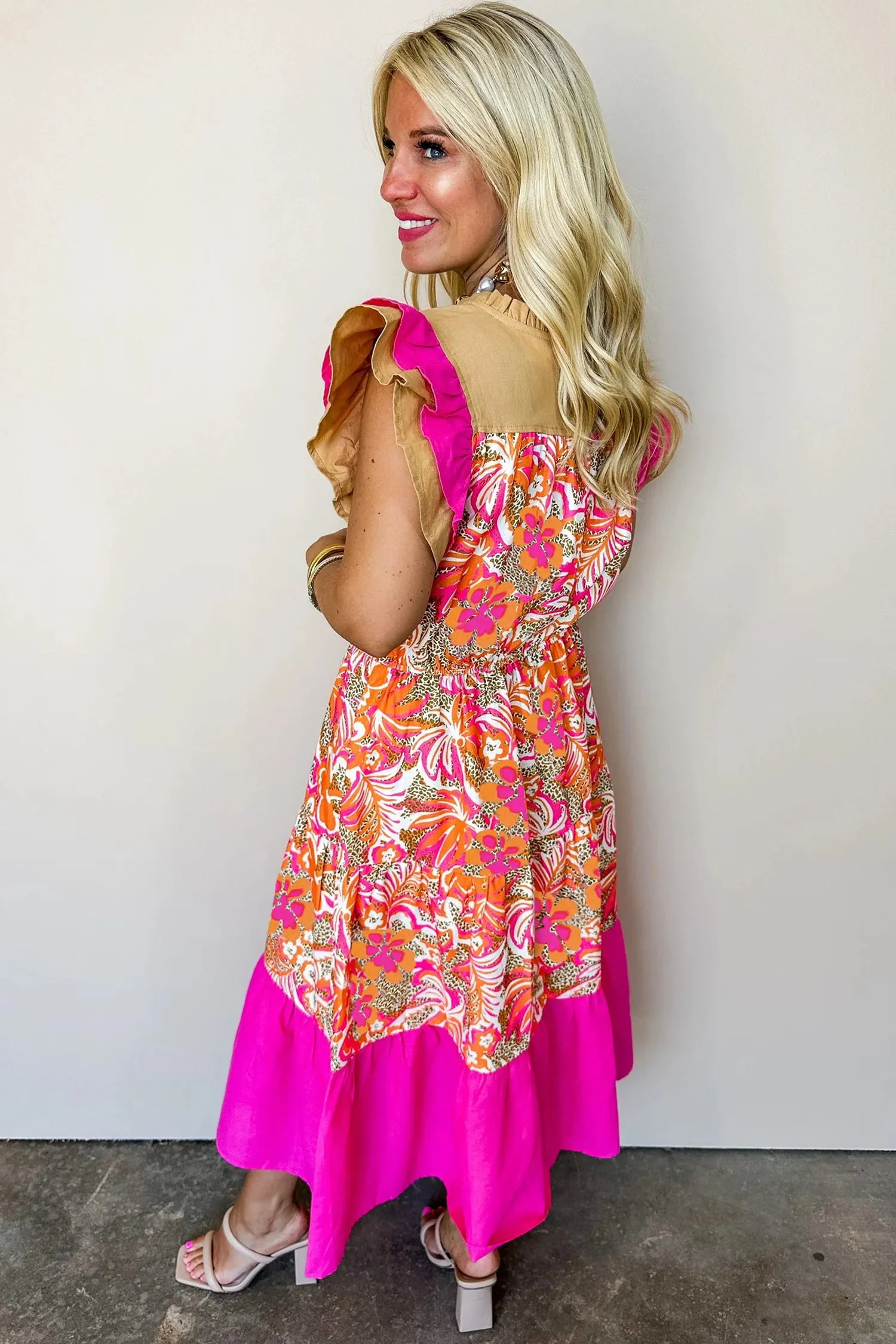 Floral Print Colour Block Ruffled Short Sleeve Flared Midi Dress sold by eAura product image thumbnail 2