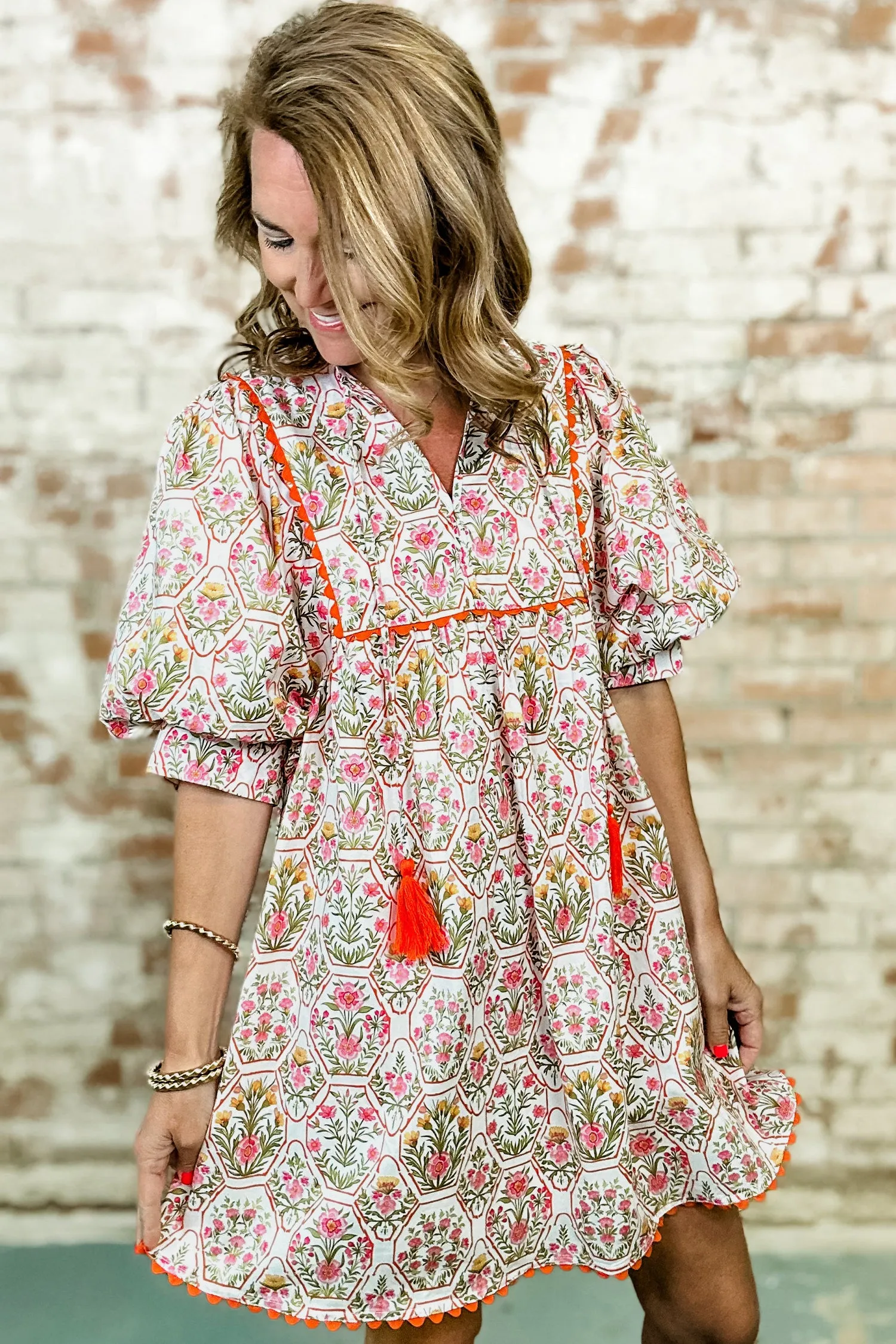 Floral Print Tassel Tie V-Neck Scalloped Detail Loose Mini Dress sold by eAura product image thumbnail 3