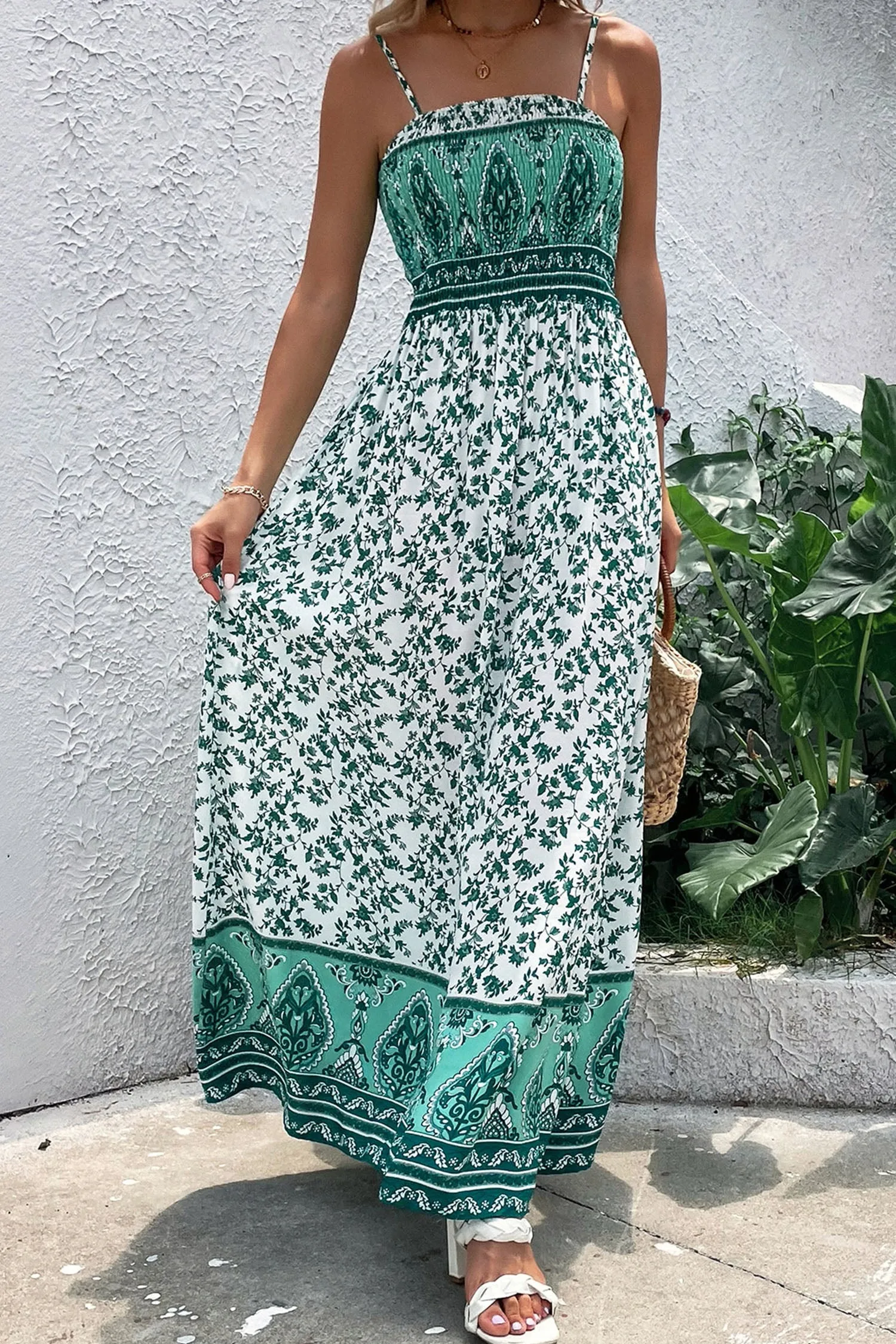 Green Boho Floral Print Shirred Cami Maxi Dress sold by eAura product image thumbnail 5