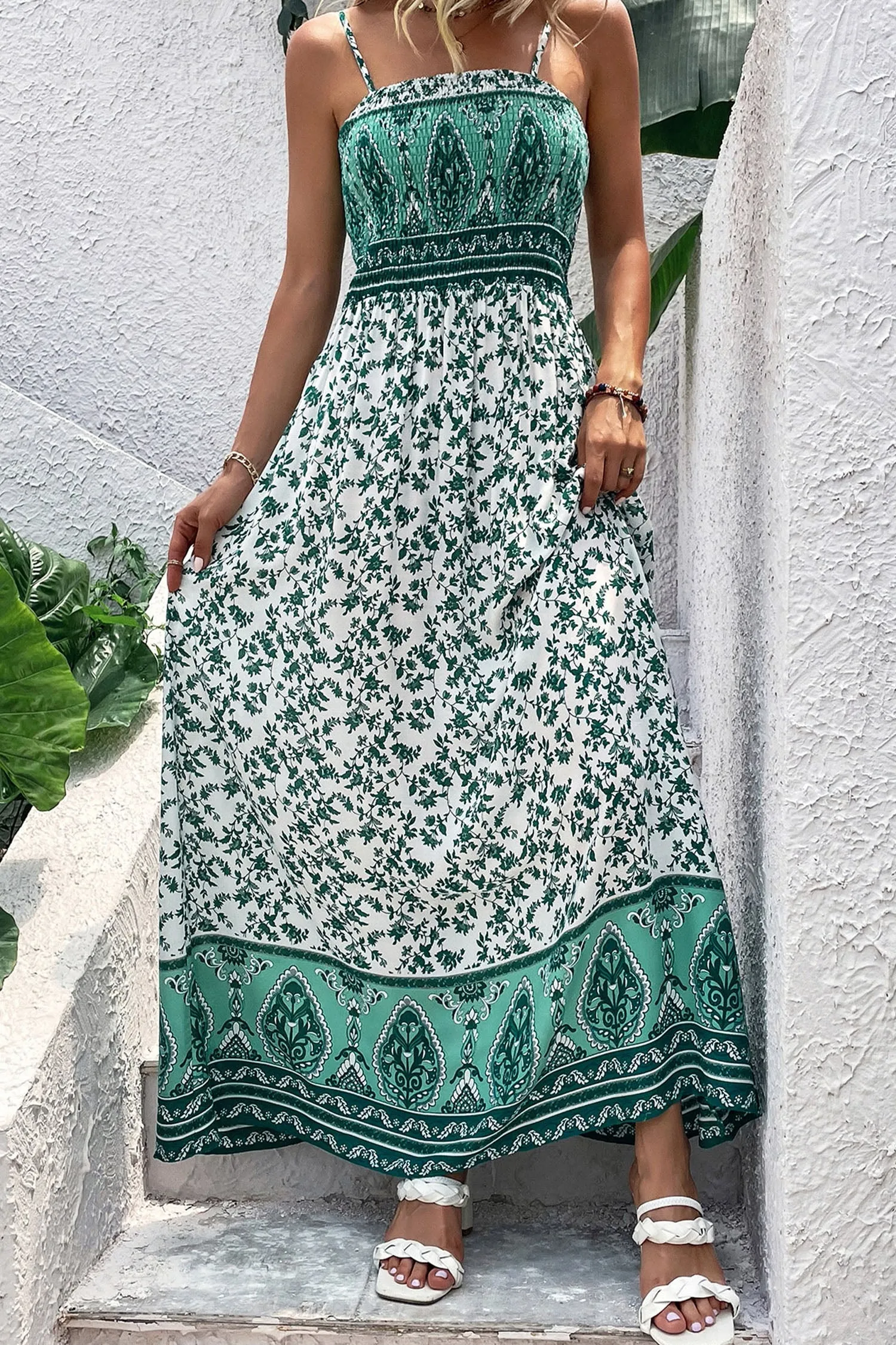 Green Boho Floral Print Shirred Cami Maxi Dress sold by eAura product image thumbnail 4