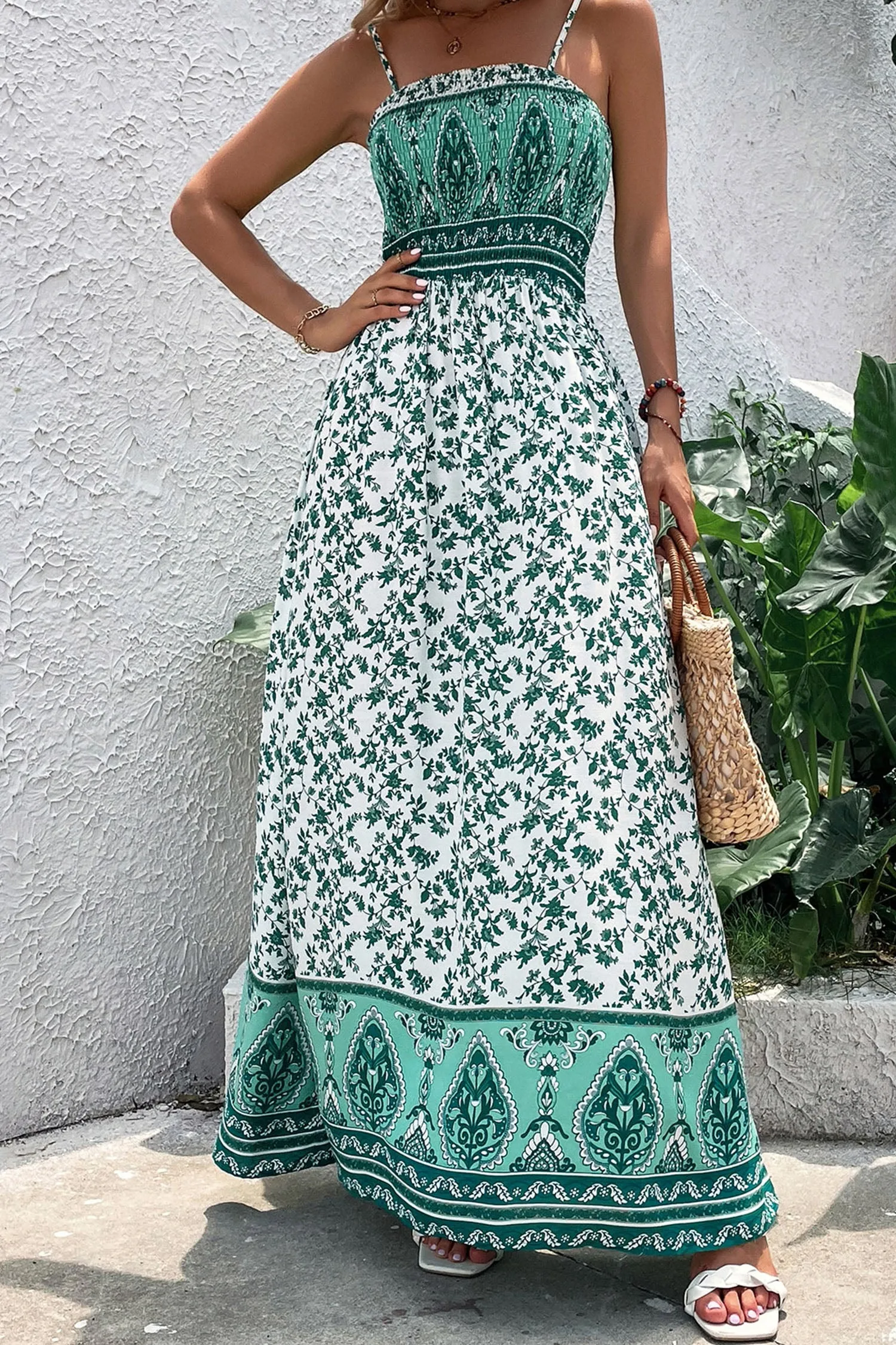 Green Boho Floral Print Shirred Cami Maxi Dress sold by eAura product image thumbnail 2
