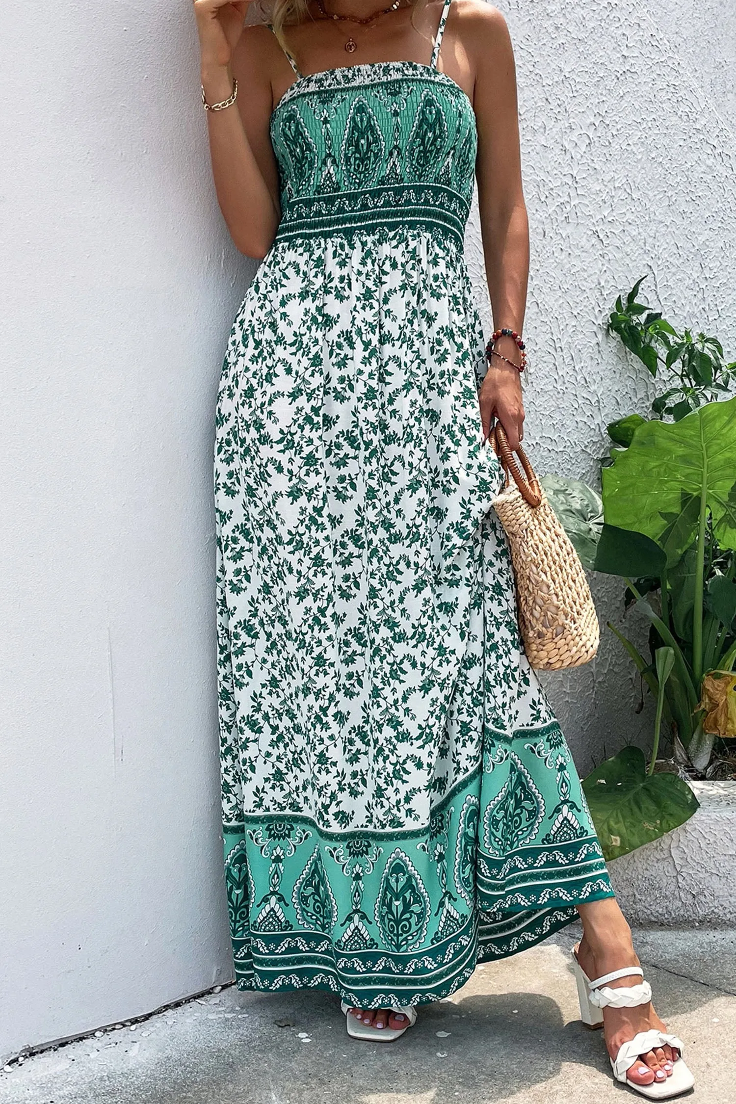 Green Boho Floral Print Shirred Cami Maxi Dress sold by eAura product image thumbnail 3