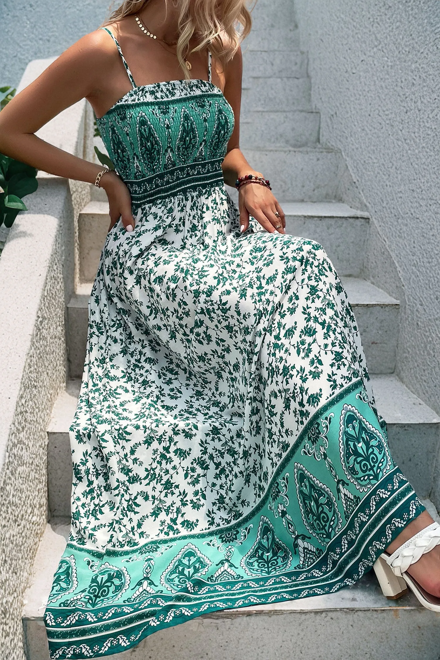 Green Boho Floral Print Shirred Cami Maxi Dress sold by eAura