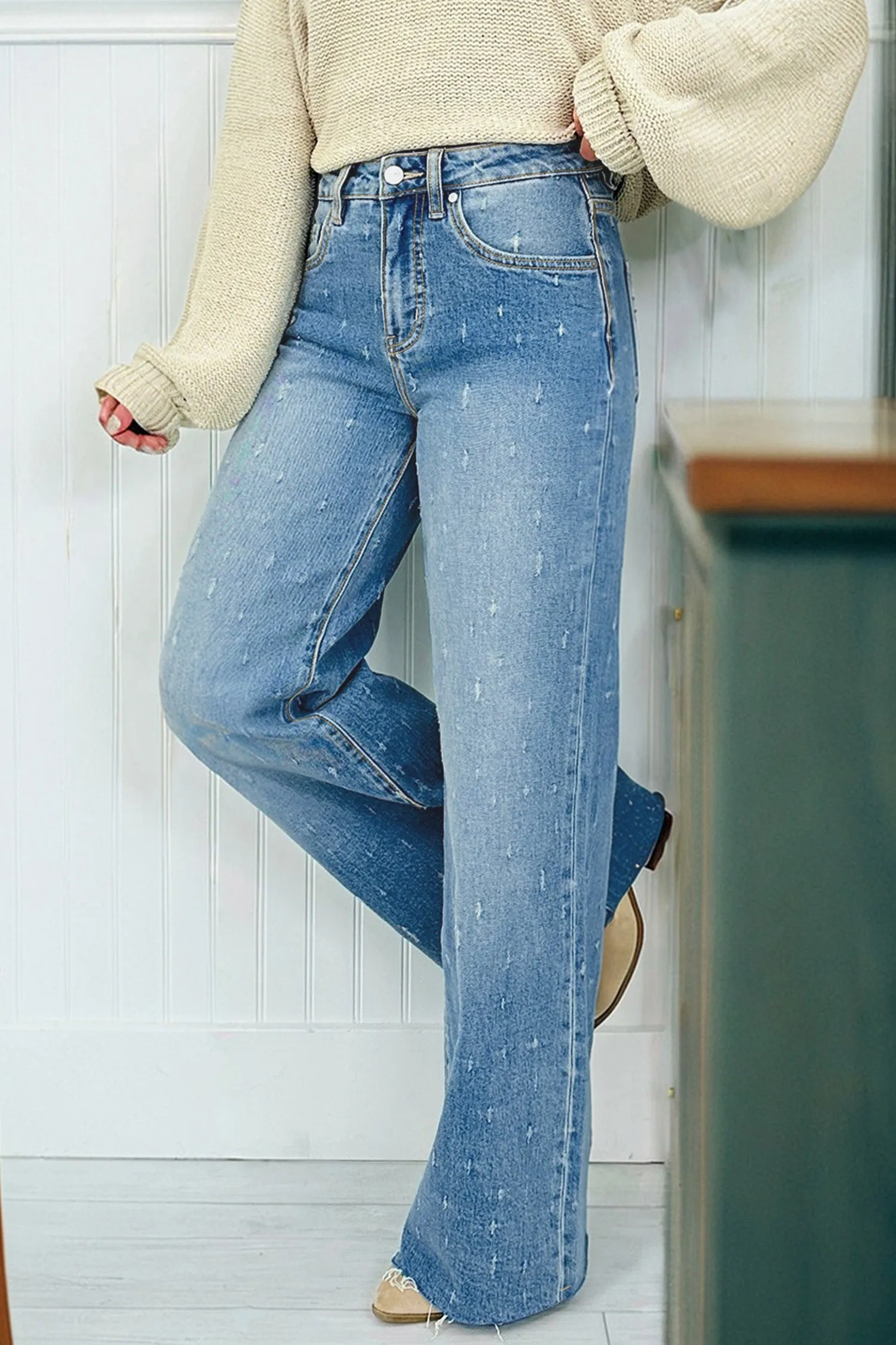 Distressed Detail Tummy Control Raw Hem Jeans sold by eAura