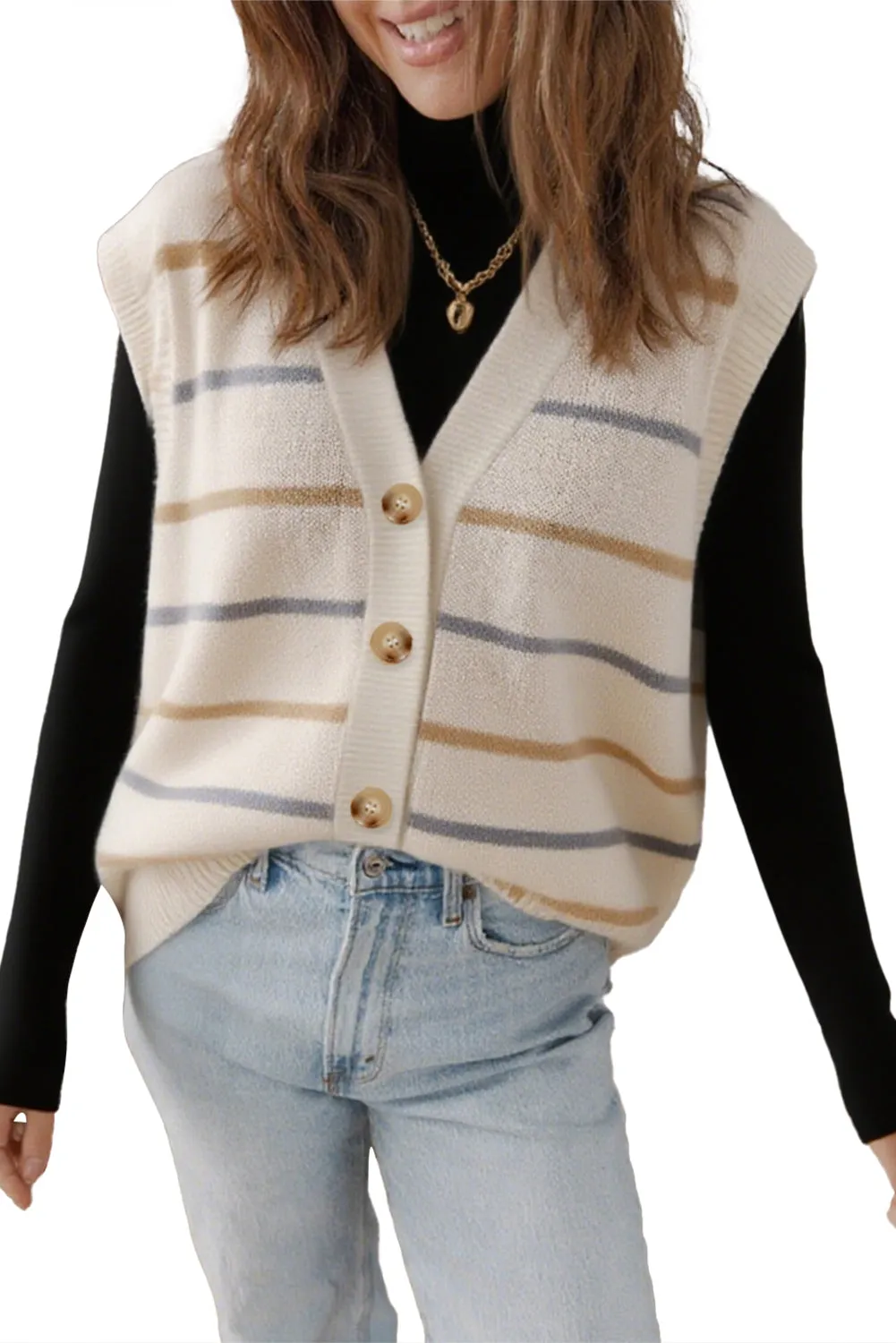 Multicolour Striped Print Button V-Neck Knit Vest sold by eAura product image thumbnail 2