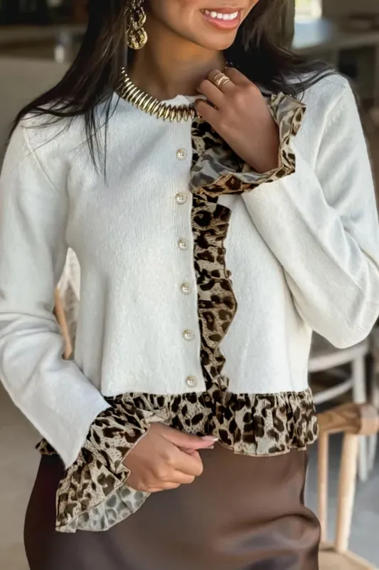 White Knitted Leopard Ruffle Patchwork Button Down Cropped Cardigan sold by eAura