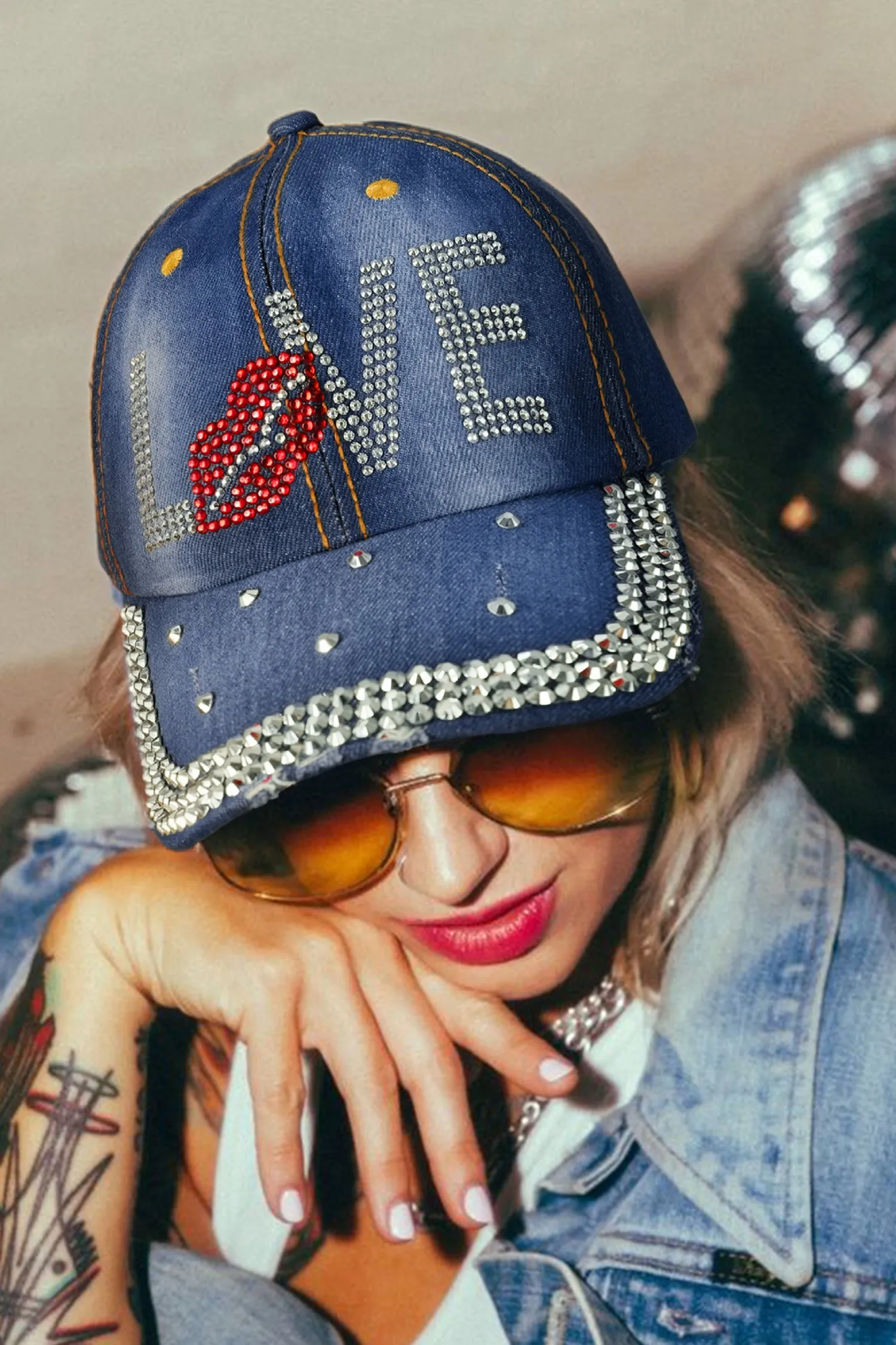 Blue Rhinestone Embellished LOVE Lip Denim Baseball Cap sold by eAura