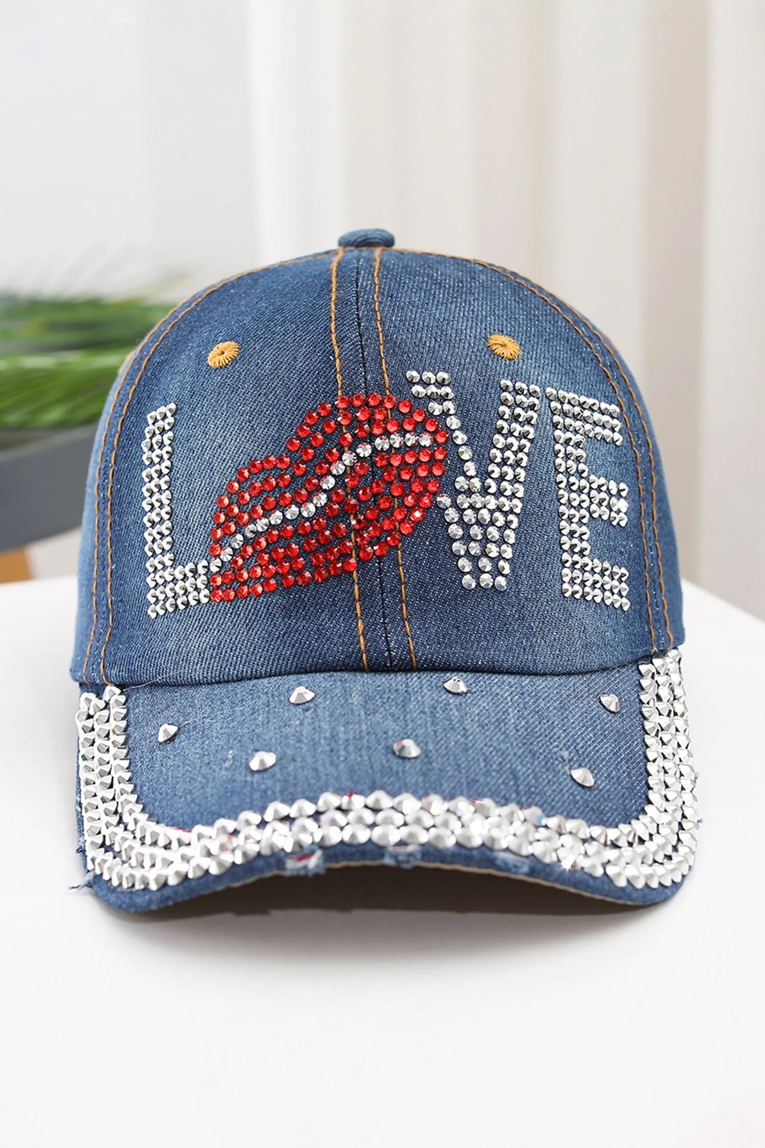 Blue Rhinestone Embellished LOVE Lip Denim Baseball Cap sold by eAura product image thumbnail 3