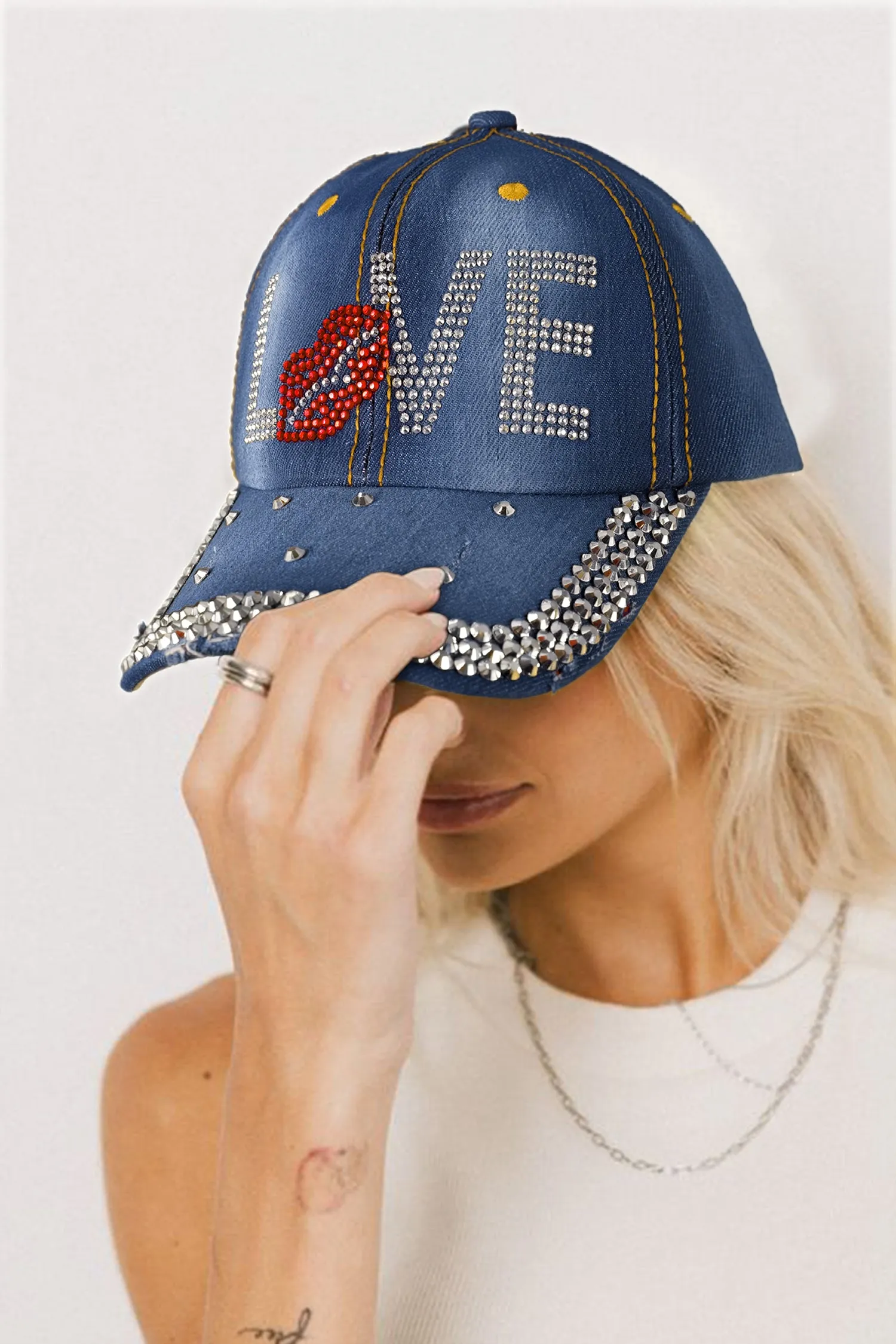 Blue Rhinestone Embellished LOVE Lip Denim Baseball Cap sold by eAura product image thumbnail 2