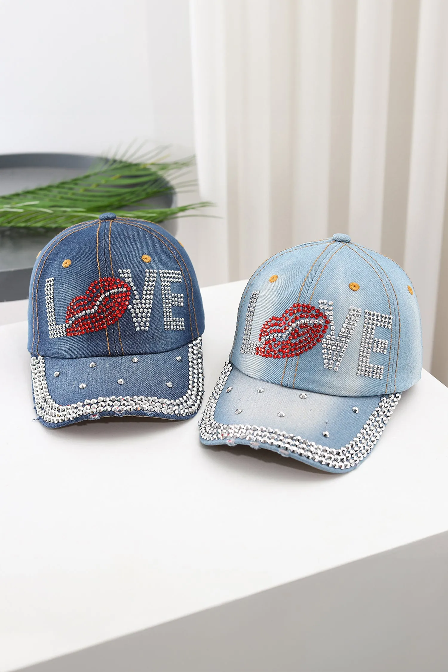 Blue Rhinestone Embellished LOVE Lip Denim Baseball Cap sold by eAura product image thumbnail 5