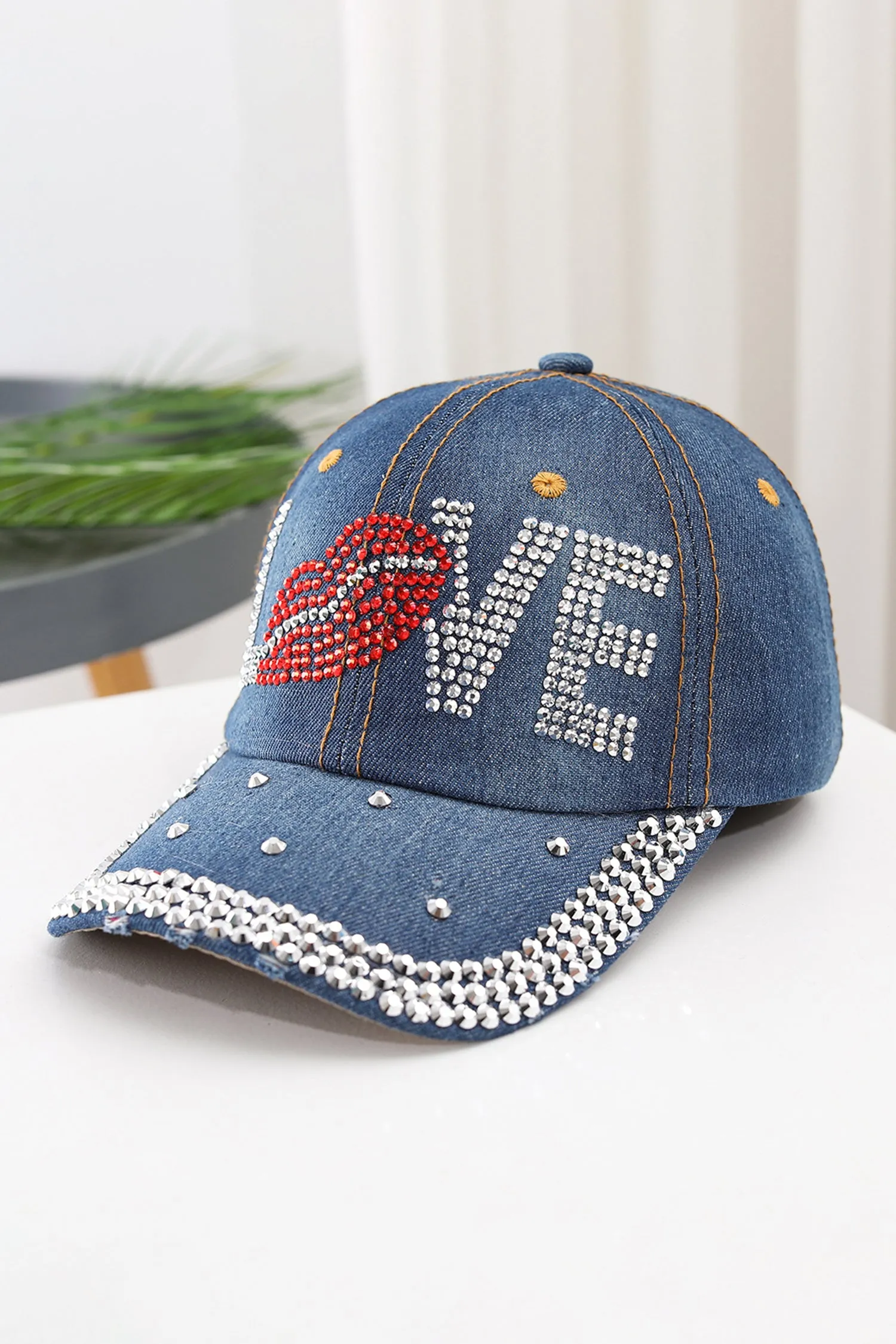 Blue Rhinestone Embellished LOVE Lip Denim Baseball Cap sold by eAura product image thumbnail 4