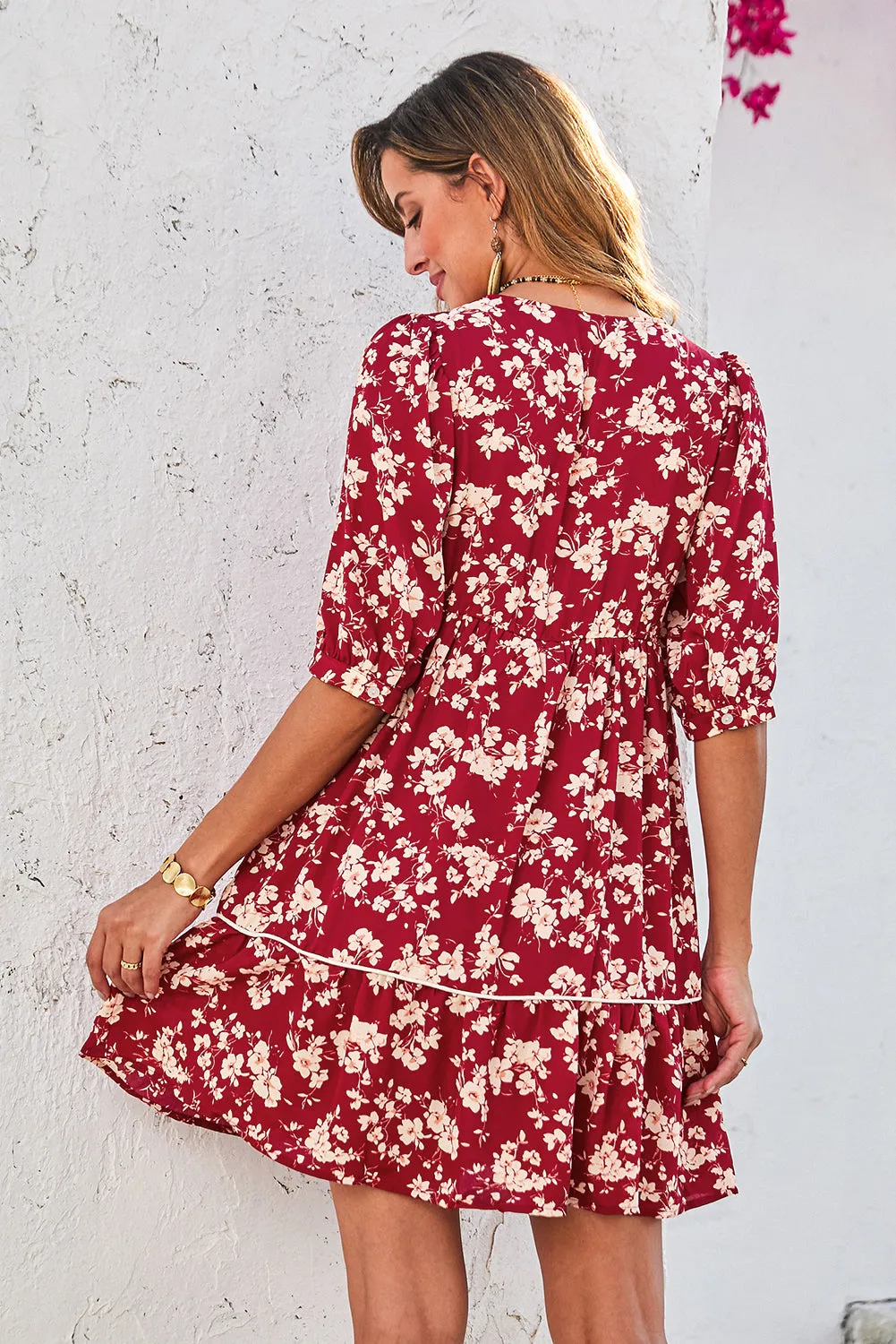 Floral Print Contrast Trim Button Tie Neck Smock Dress sold by eAura product image thumbnail 5
