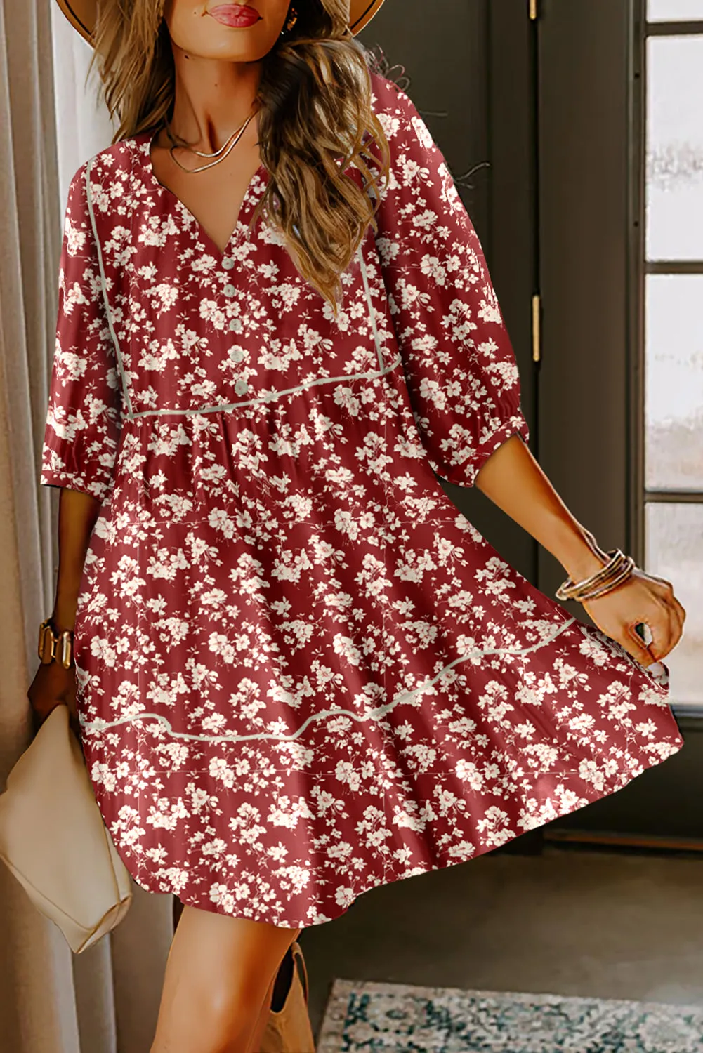 Floral Print Contrast Trim Button Tie Neck Smock Dress sold by eAura