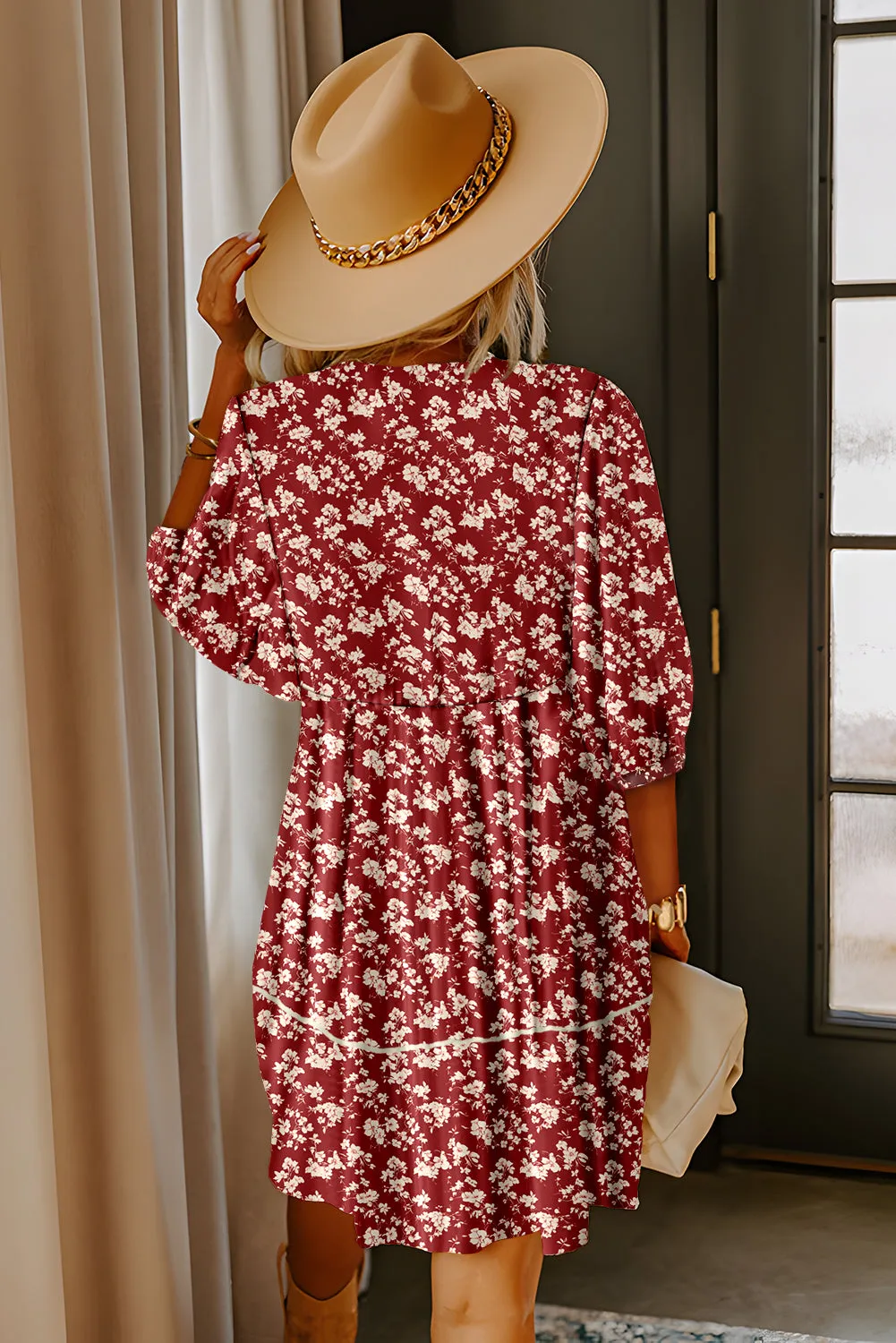 Floral Print Contrast Trim Button Tie Neck Smock Dress sold by eAura product image thumbnail 2
