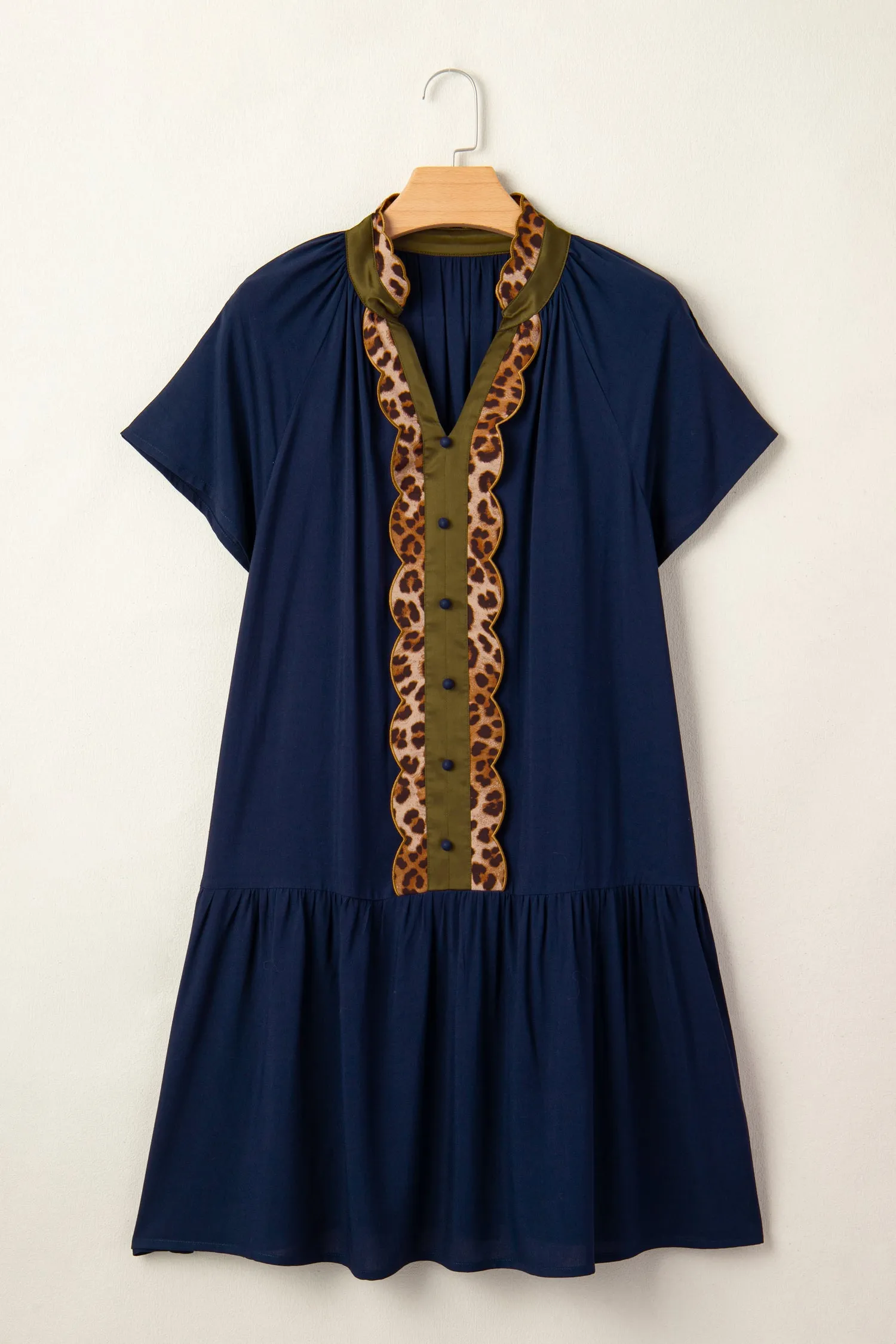 Button Detail Leopard Metallic Trim Short Sleeve Tunic Dress sold by eAura