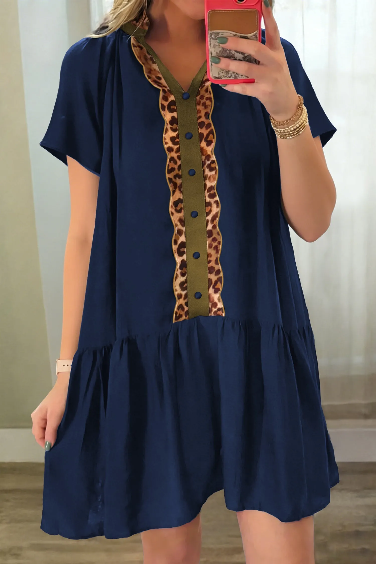 Button Detail Leopard Metallic Trim Short Sleeve Tunic Dress sold by eAura product image thumbnail 2