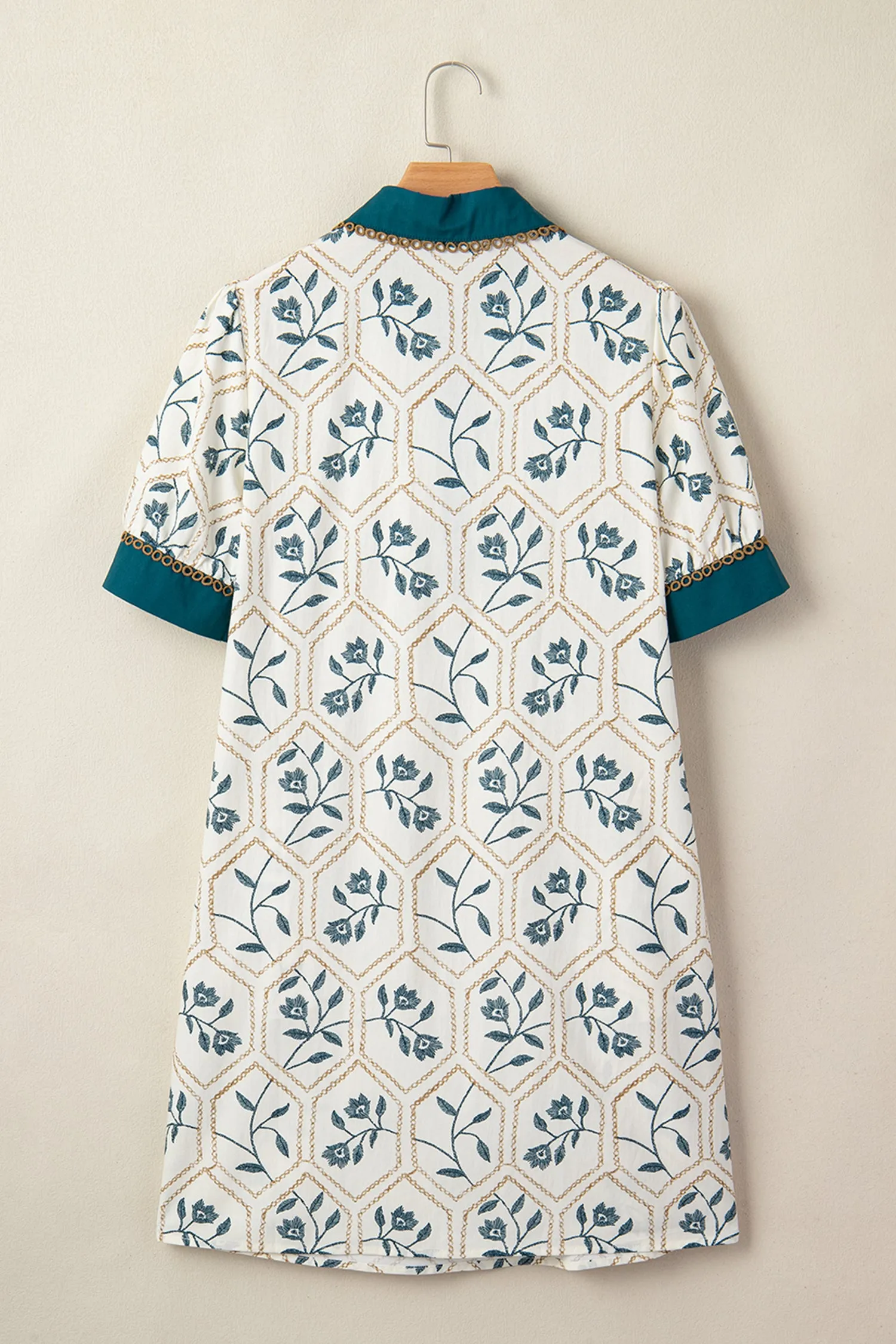Geometric Floral Print Lace Trim Collared Short Sleeve Mini Dress sold by eAura product image thumbnail 4