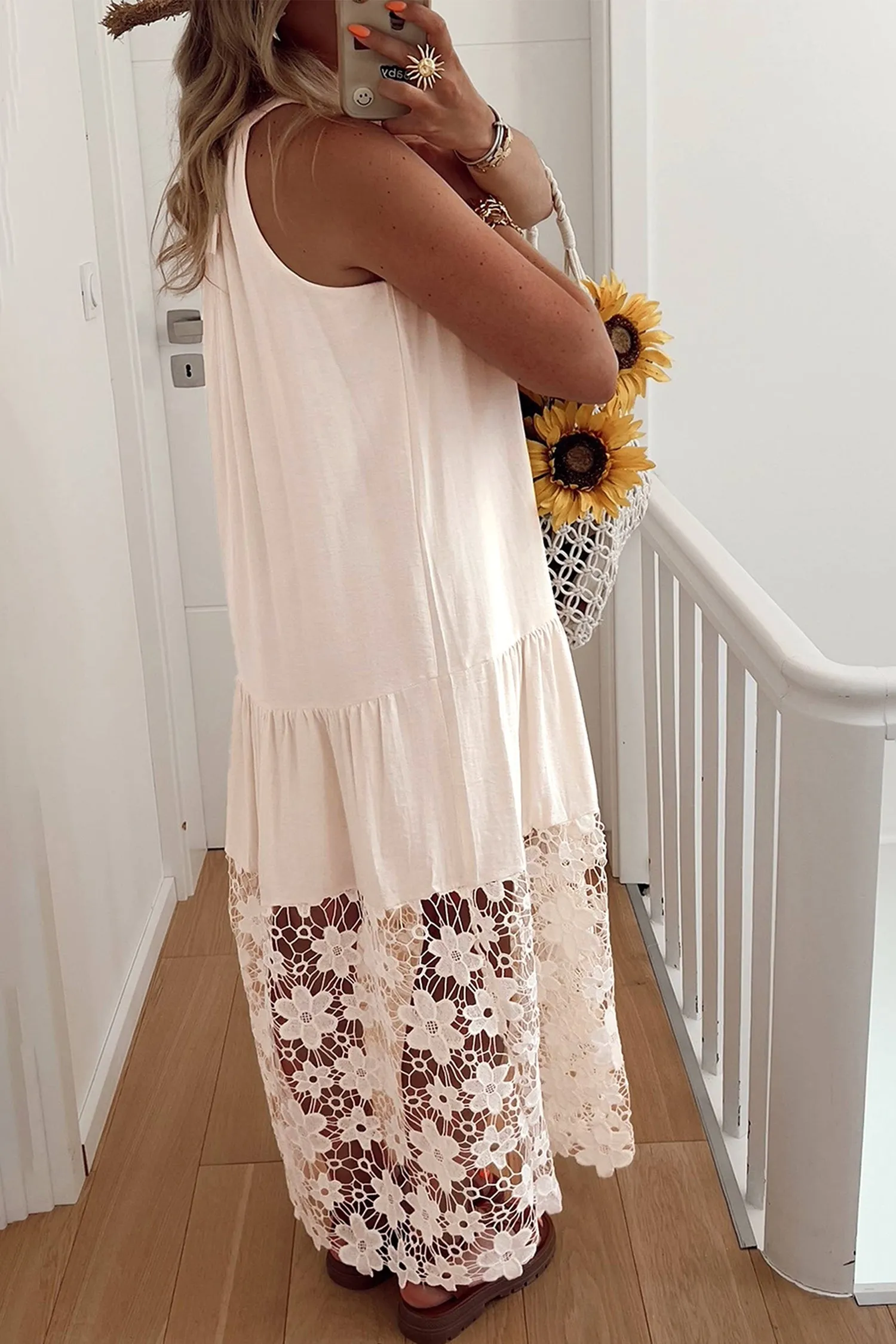 Sheer Hollowed Floral Lace Hem Patchwork Loose Halter Summer Dress sold by eAura product image thumbnail 2