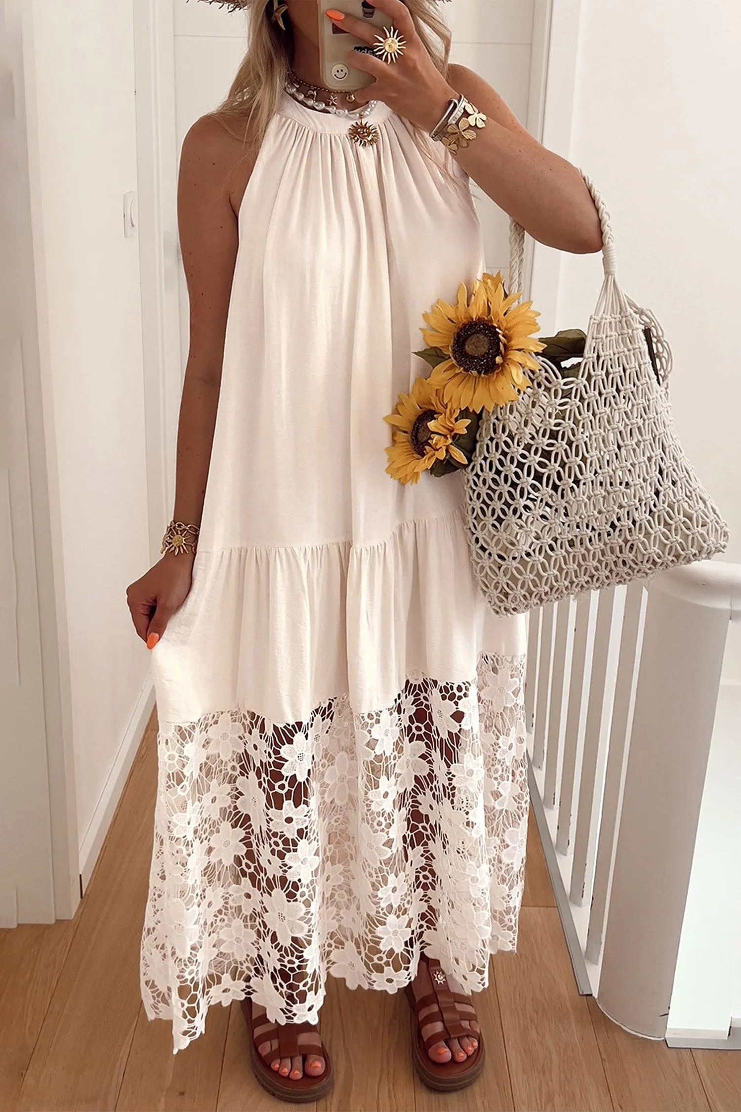 Sheer Hollowed Floral Lace Hem Patchwork Loose Halter Summer Dress sold by eAura