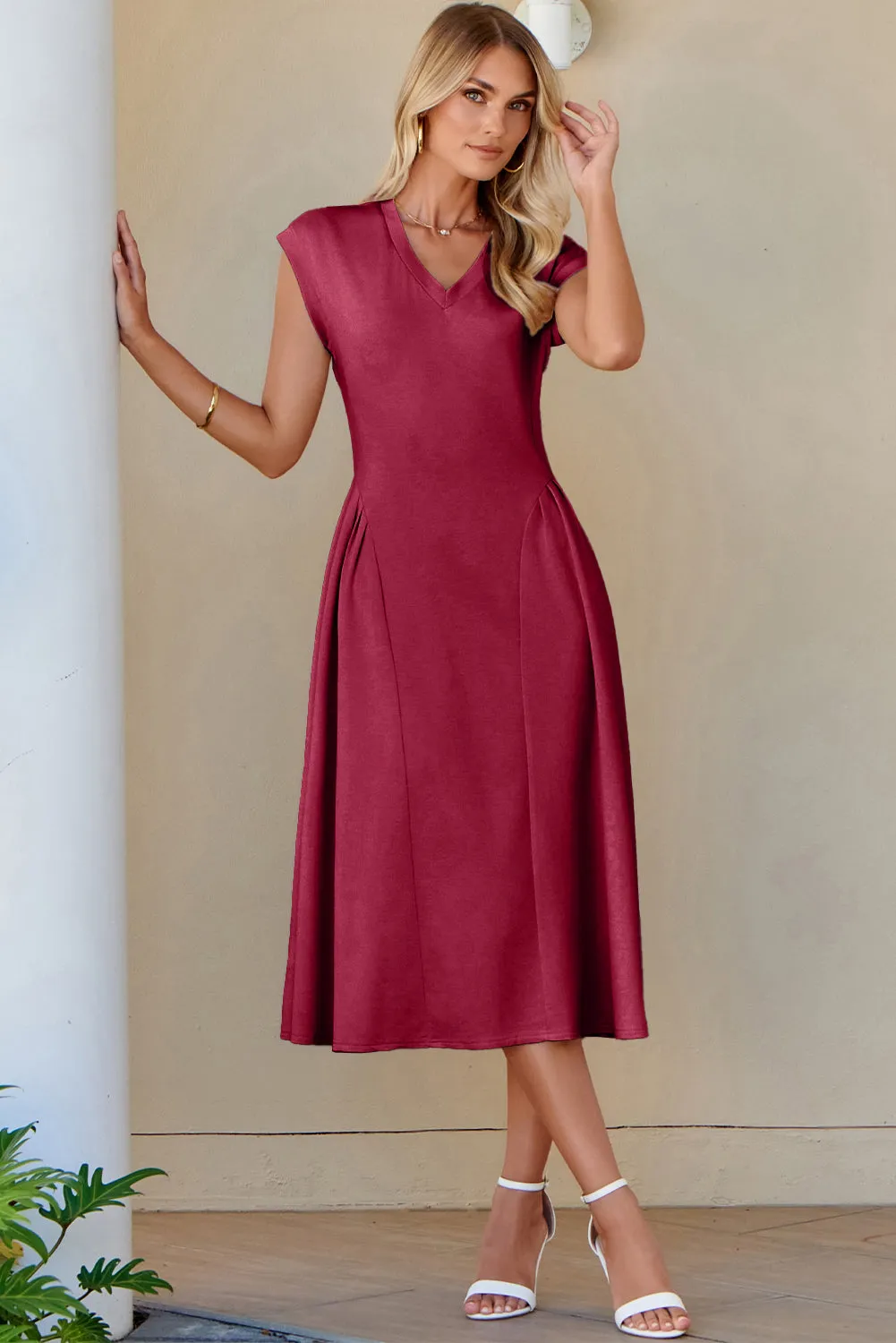 V-Neck Pleated Flared Midi Dress sold by eAura product image thumbnail 3