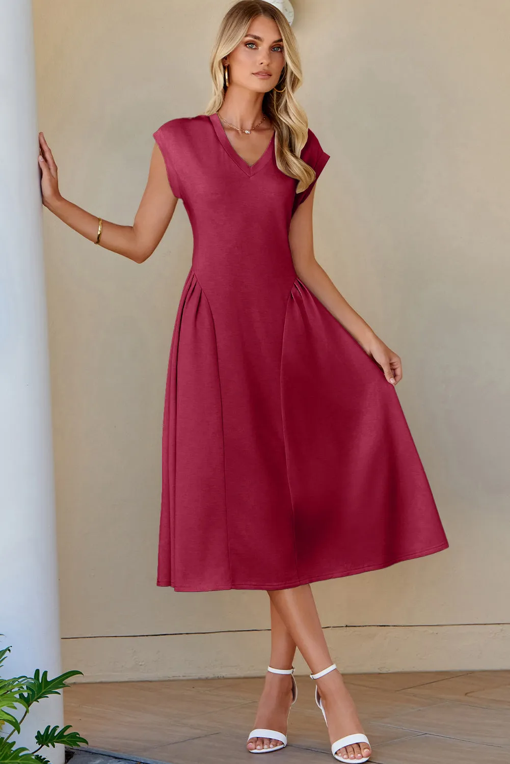 V-Neck Pleated Flared Midi Dress sold by eAura product image thumbnail 5