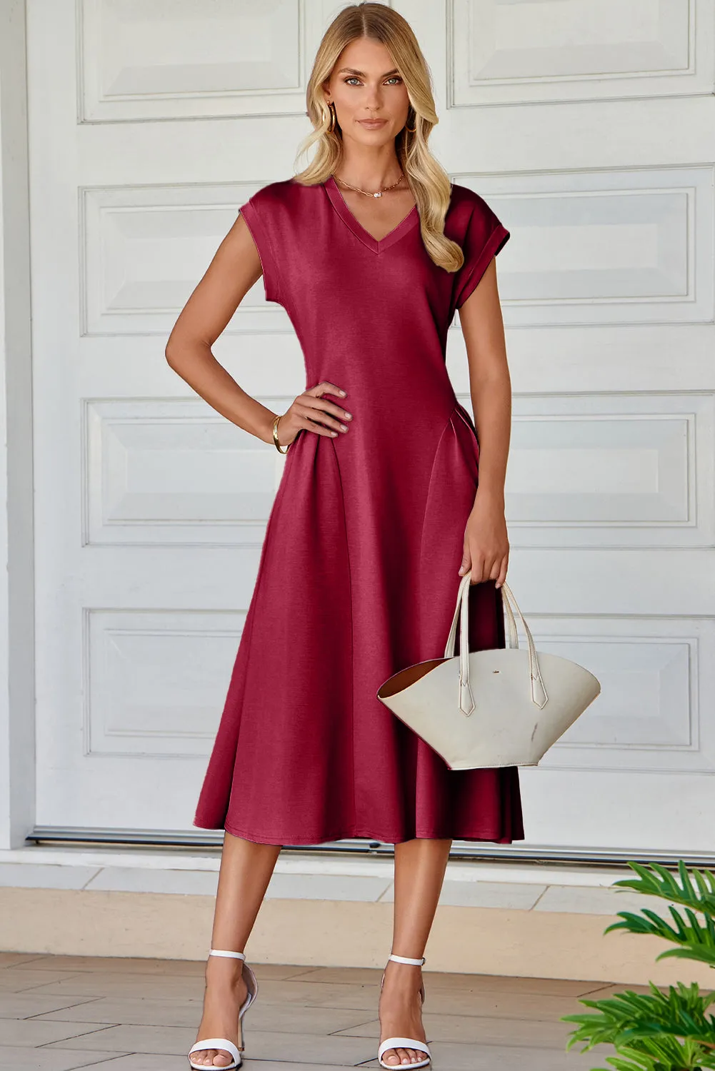 V-Neck Pleated Flared Midi Dress sold by eAura product image thumbnail 4