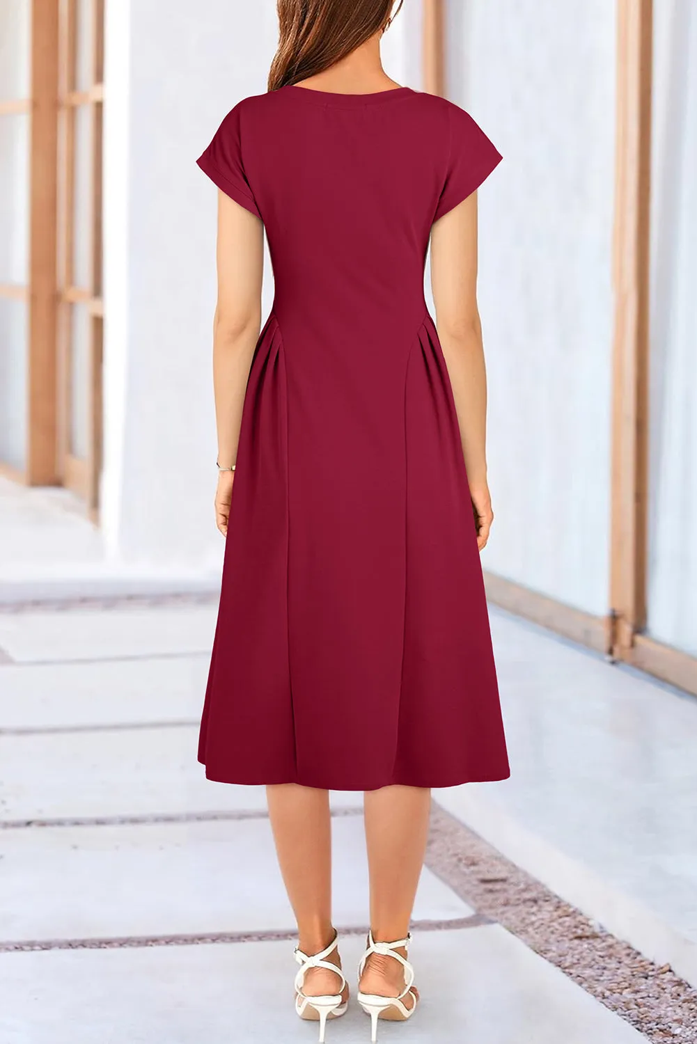 V-Neck Pleated Flared Midi Dress sold by eAura product image thumbnail 2
