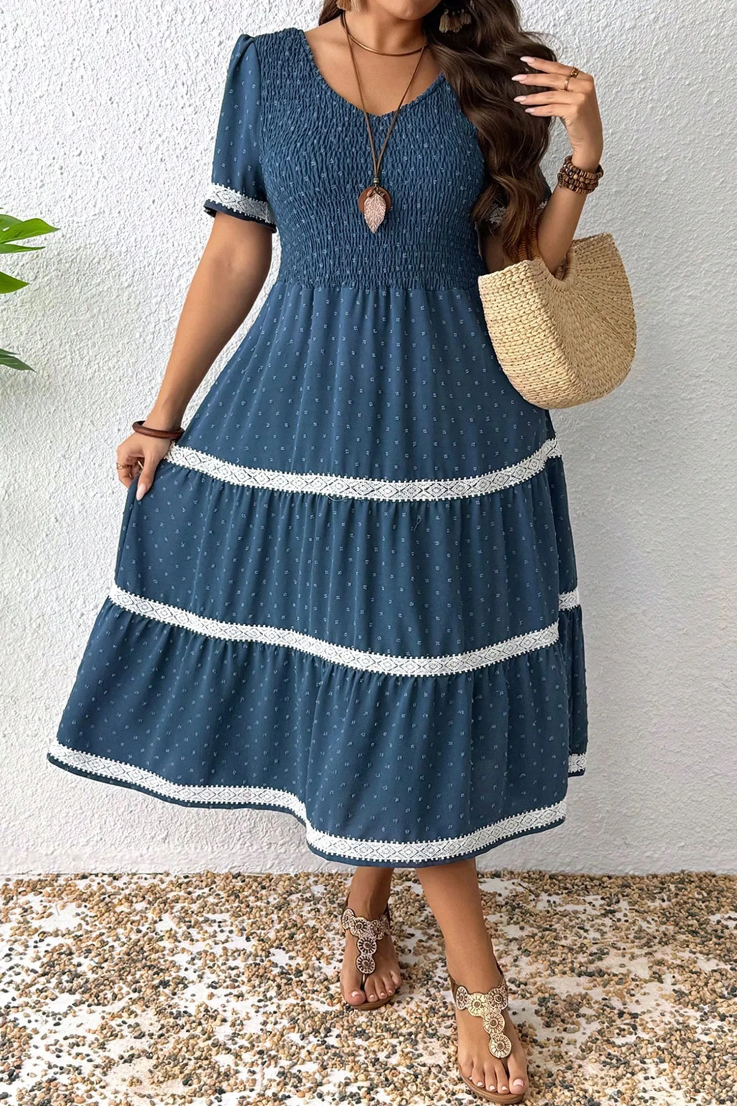 Plus Size V-Neck Swiss Dot Lace Patchwork Detail Flared Midi Dress sold by eAura