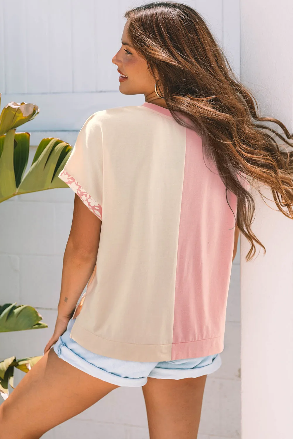 Colour Block Flower Patched Loose T-Shirt sold by eAura product image thumbnail 3