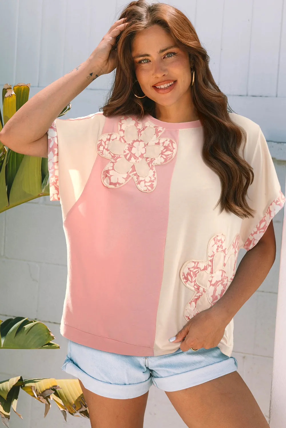 Colour Block Flower Patched Loose T-Shirt sold by eAura product image thumbnail 2