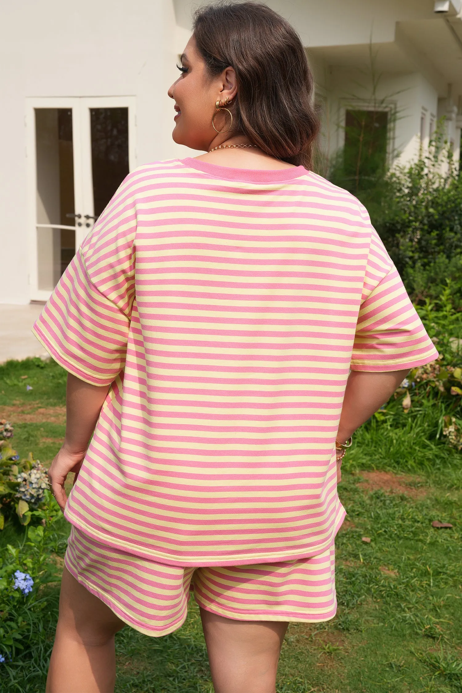 Rose Stripe Boxy Tee Drawstring Elastic Waist Plus Size Short Set sold by eAura product image thumbnail 2