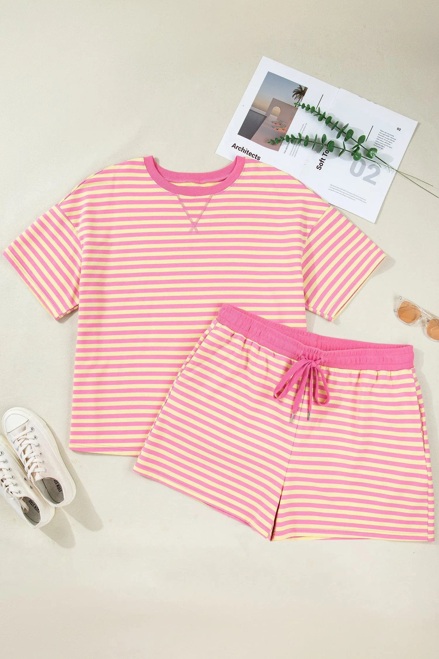 Rose Stripe Boxy Tee Drawstring Elastic Waist Plus Size Short Set sold by eAura product image thumbnail 4