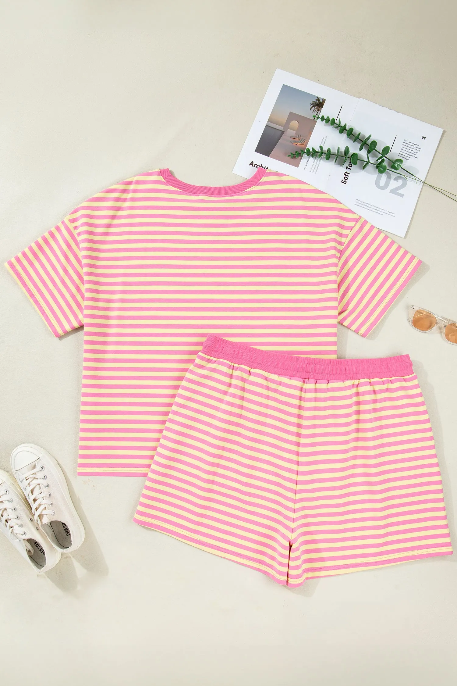Rose Stripe Boxy Tee Drawstring Elastic Waist Plus Size Short Set sold by eAura product image thumbnail 5