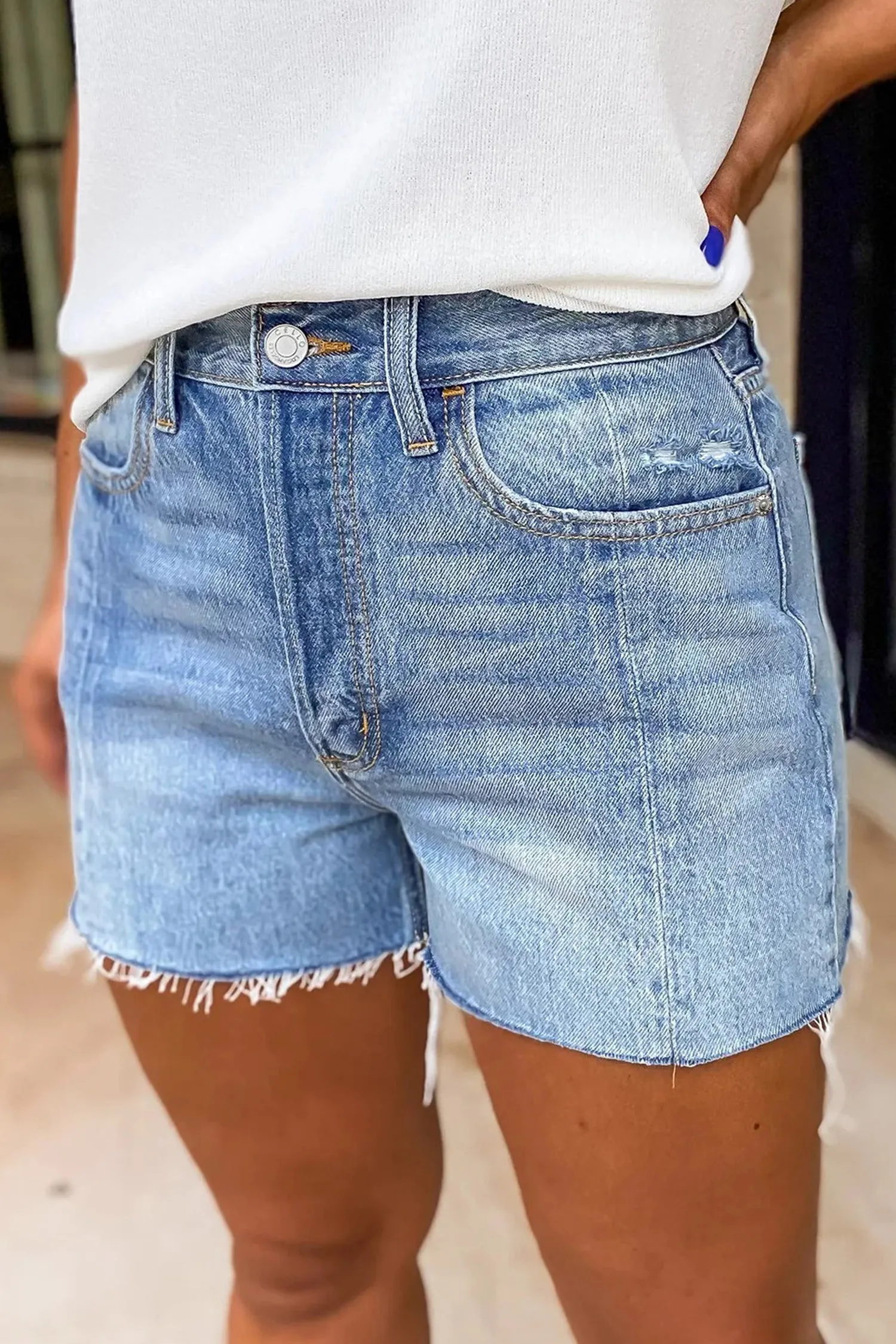 Acid Wash Raw Hem Denim Shorts – High Waist sold by eAura product image thumbnail 5
