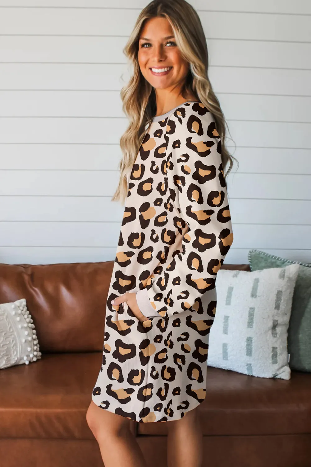 Leopard Print Long Sleeve Shift T-Shirt Dress with Pockets sold by eAura product image thumbnail 3