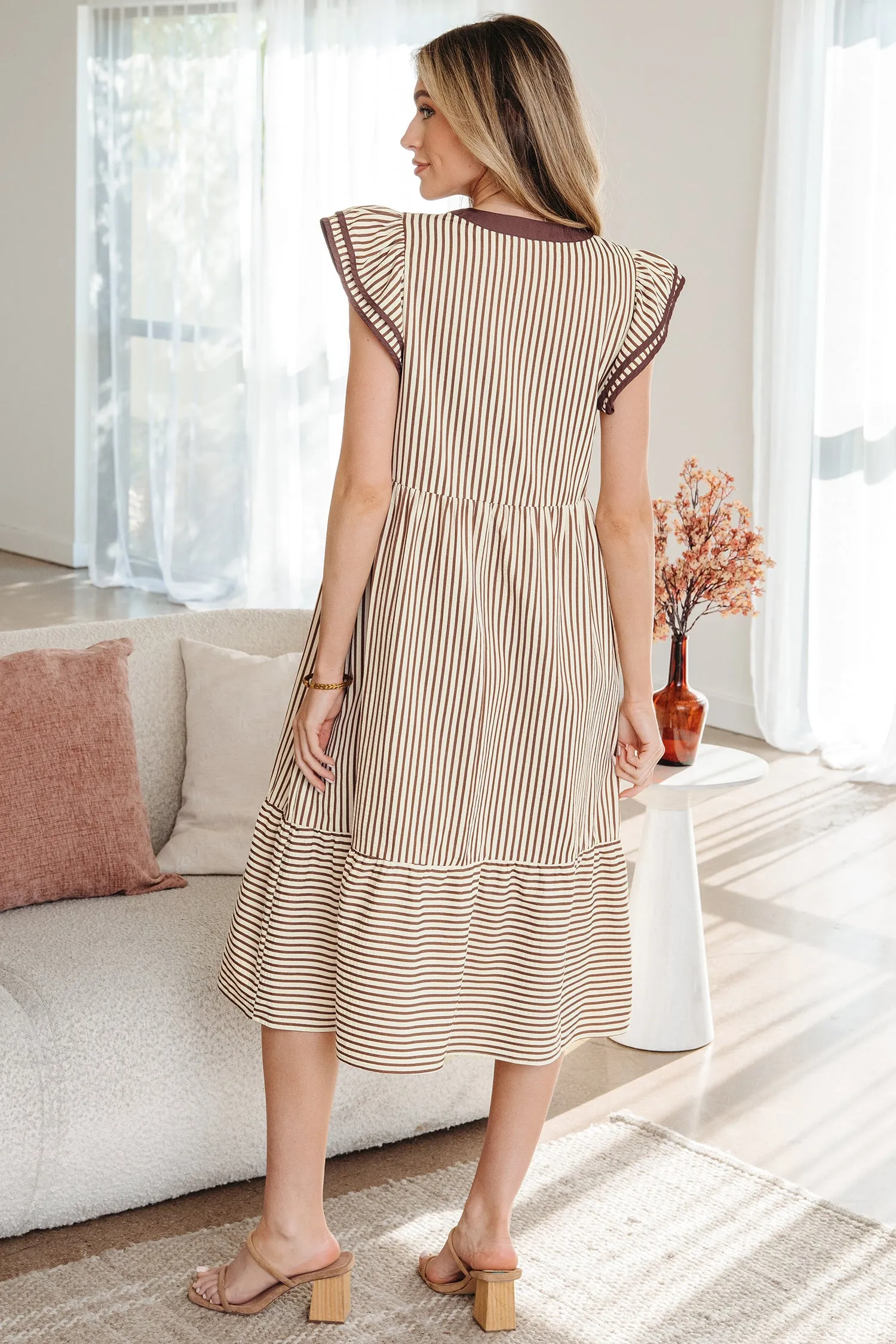 Stripe Double Ruffle Short Sleeve Contrast Trim V-Neck Midi Dress DL sold by eAura product image thumbnail 5