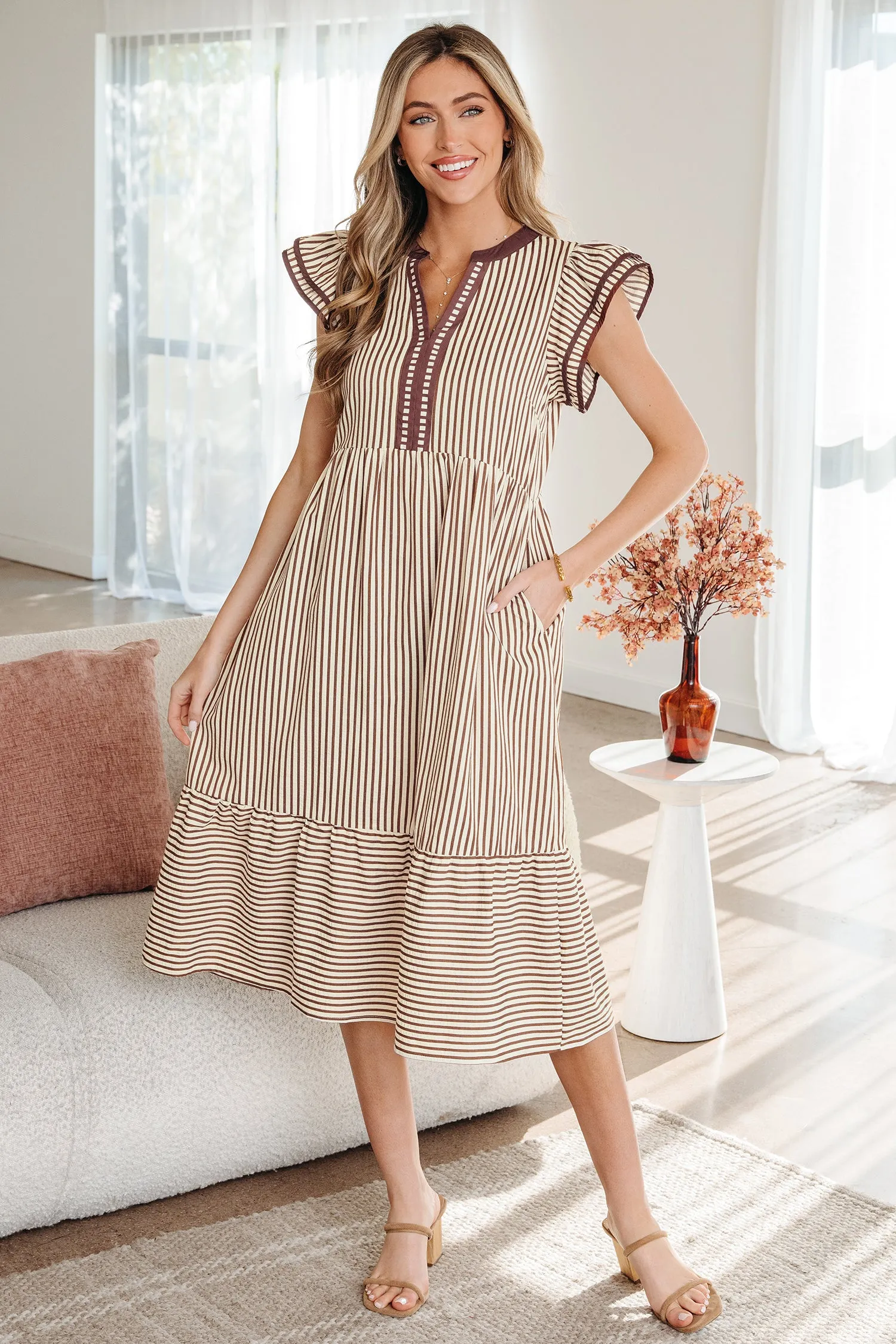 Stripe Double Ruffle Short Sleeve Contrast Trim V-Neck Midi Dress DL sold by eAura product image thumbnail 4