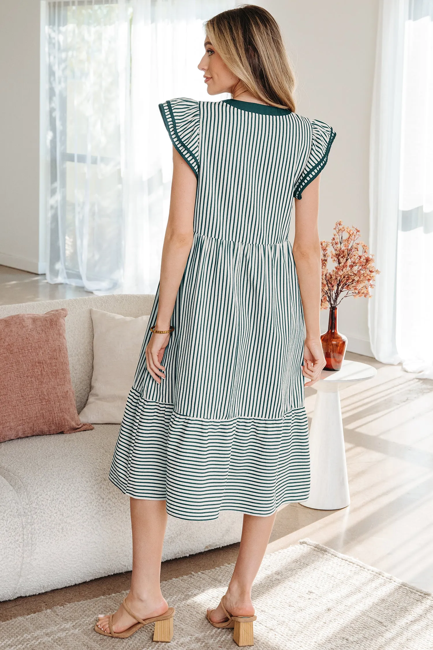 Stripe Double Ruffle Short Sleeve Contrast Trim V-Neck Midi Dress DL sold by eAura product image thumbnail 2