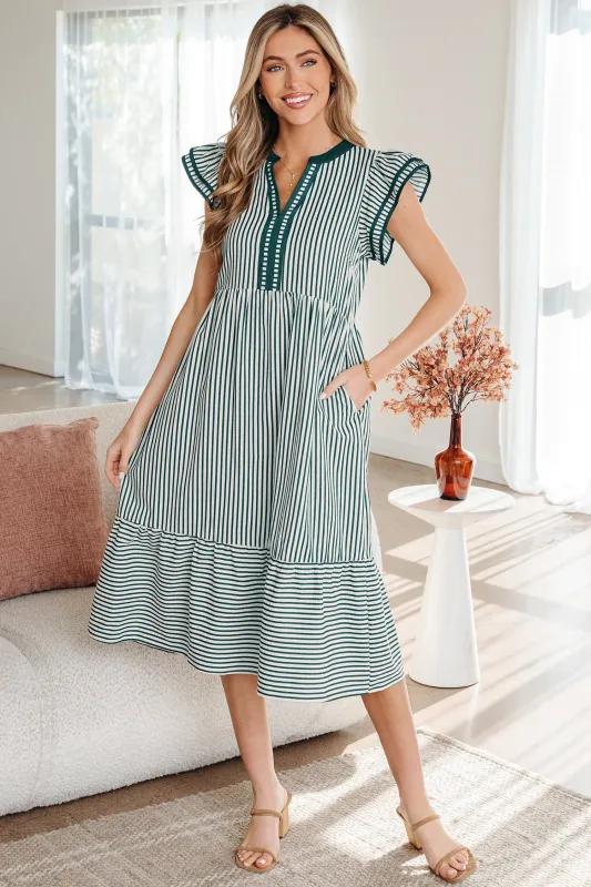 Stripe Double Ruffle Short Sleeve Contrast Trim V-Neck Midi Dress DL made by eAura