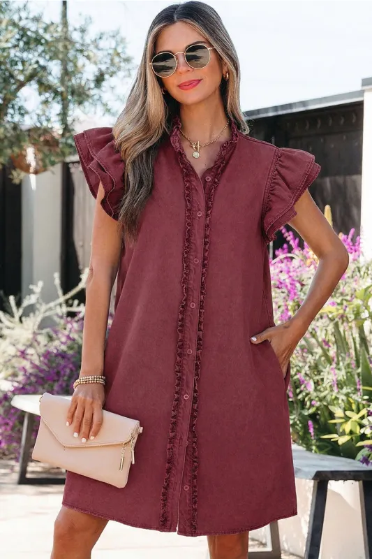 Frilled Detail Button Down Ruffle Short Sleeve Denim Mini Dress made by eAura