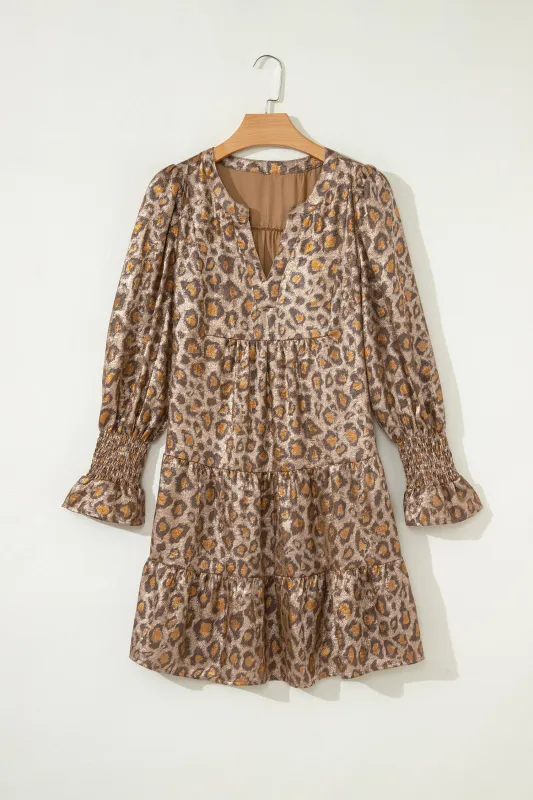 Khaki Leopard Print V-Neck Ruffled Sleeve Tiered Loose Mini Dress made by eAura