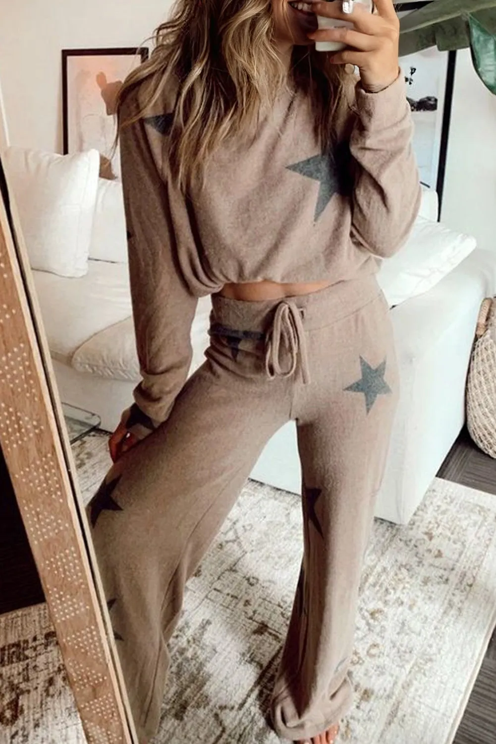 Khaki Retro Star Print Long Sleeve Drawstring Lounge Set sold by eAura