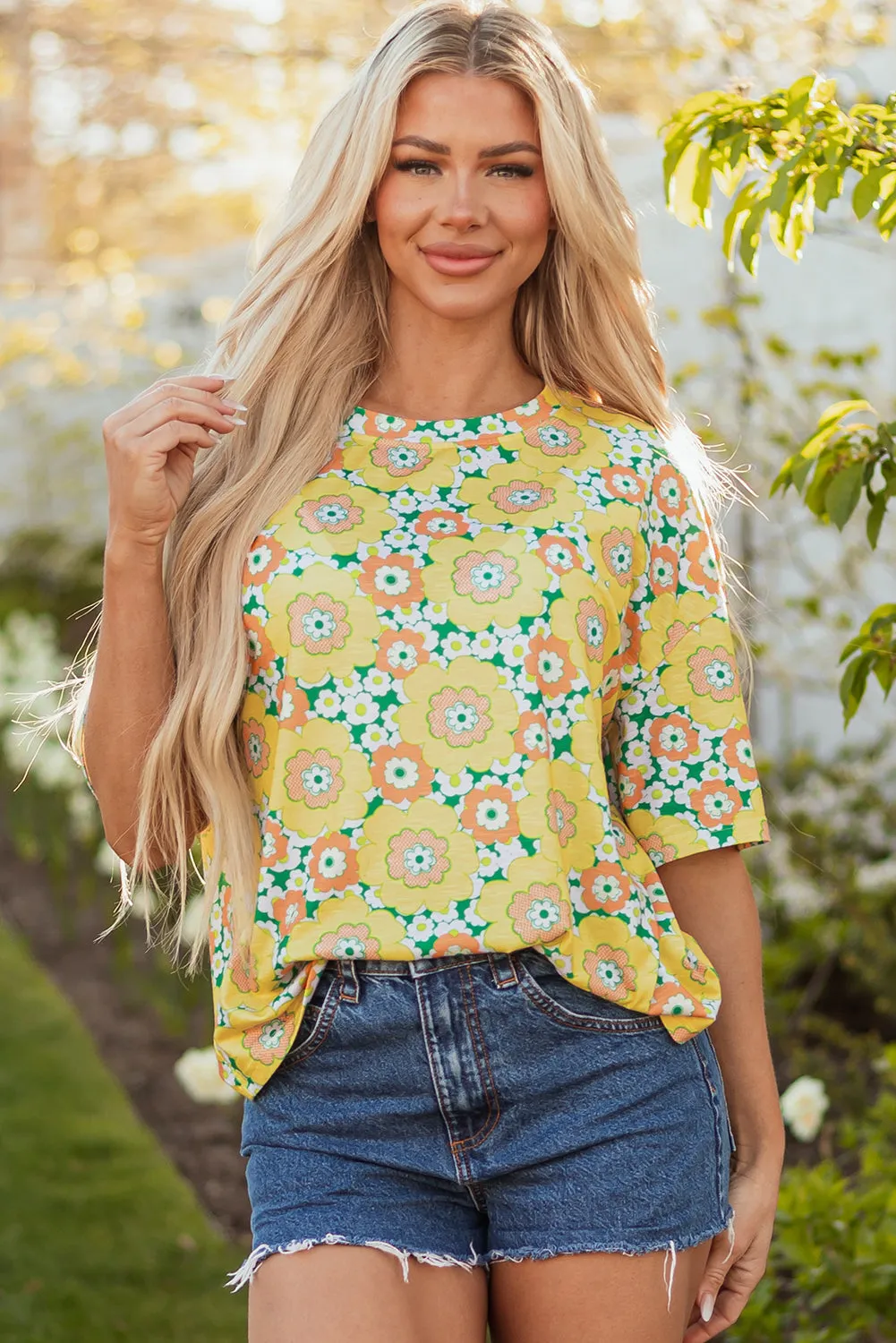 Flower Print Drop Shoulder Loose T-Shirt – Yellow sold by eAura