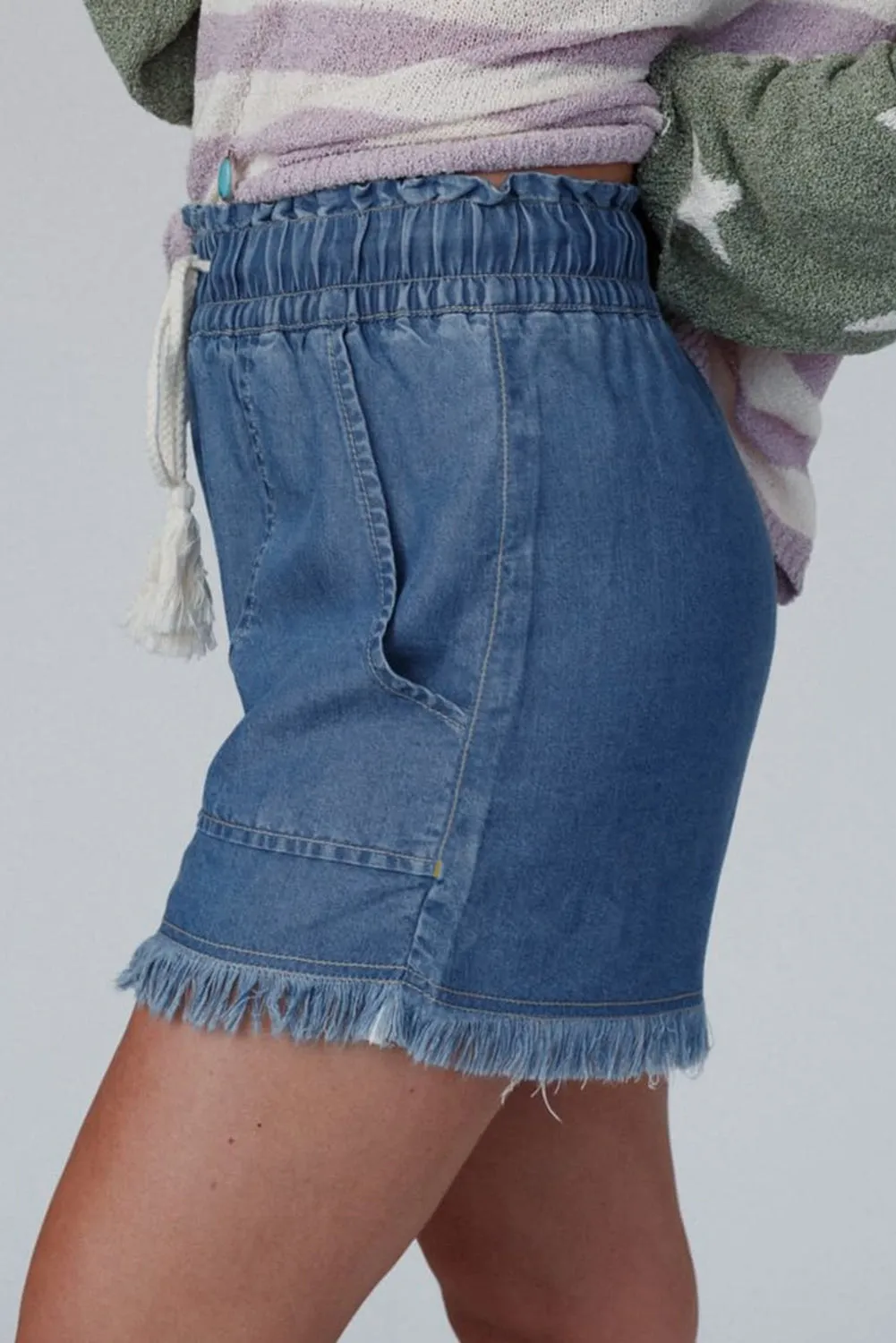 Raw Hem High Waist Denim Shorts – Drawstring & Pockets sold by eAura product image thumbnail 3