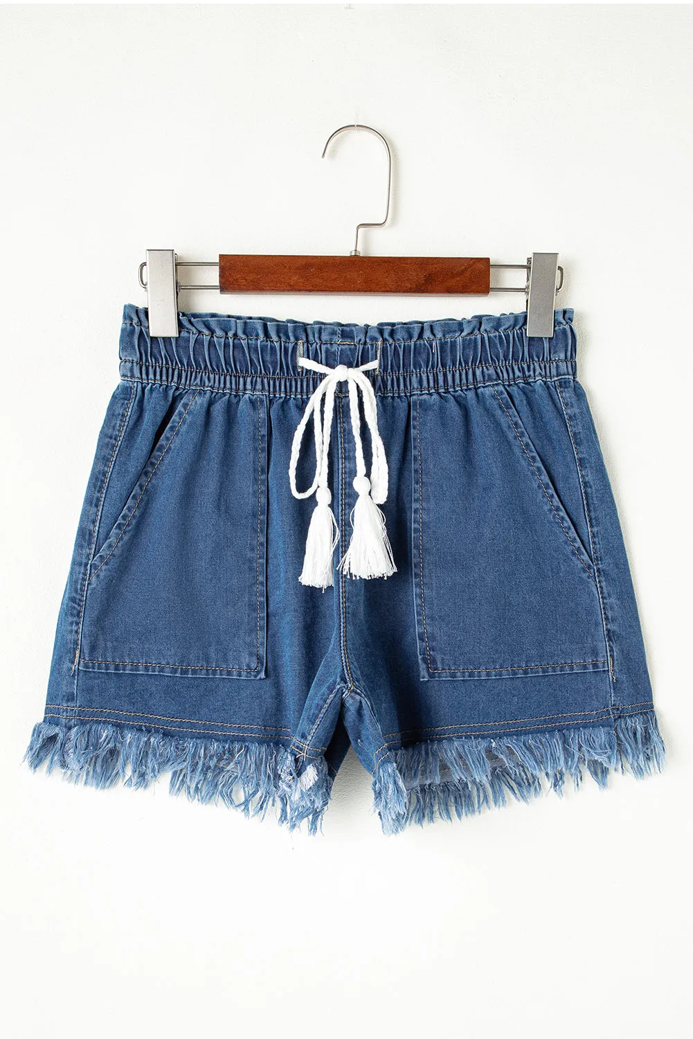 Raw Hem High Waist Denim Shorts – Drawstring & Pockets sold by eAura product image thumbnail 4