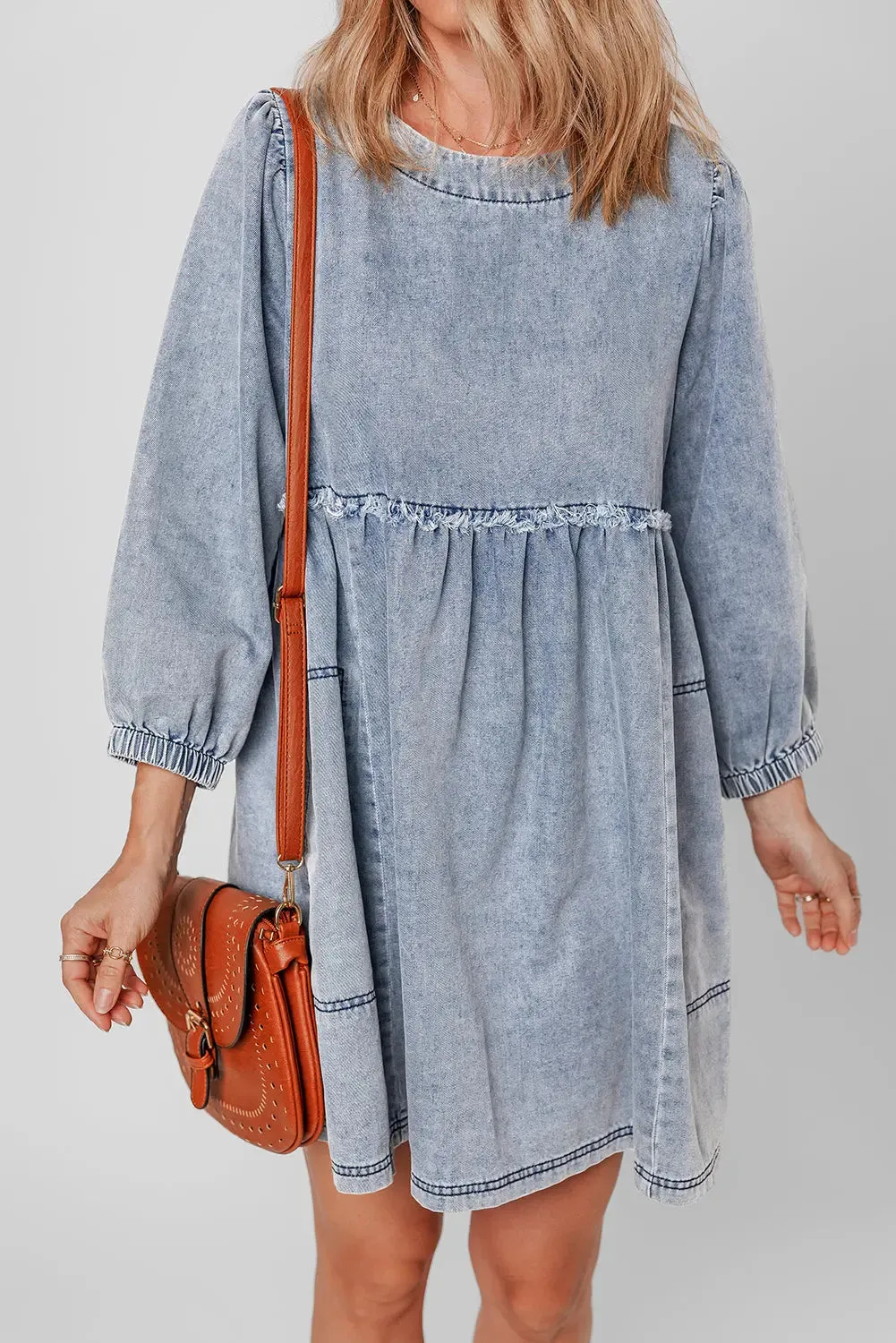 Light Wash High Waist Loose Fit Denim Mini Dress – Beau Blue sold by eAura product image thumbnail 4