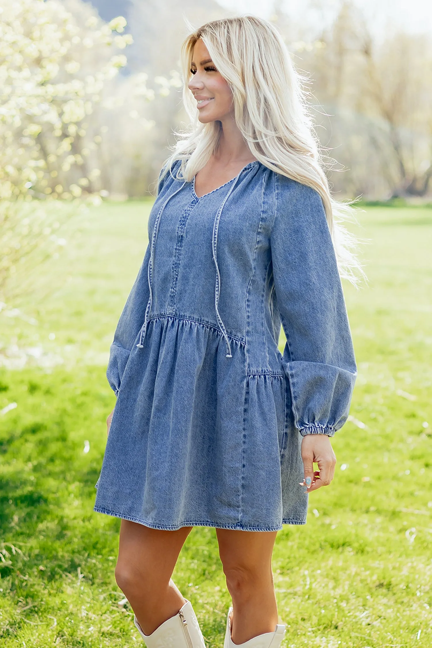Puff Sleeve Ruffled Denim Mini Dress – Blue sold by eAura product image thumbnail 5