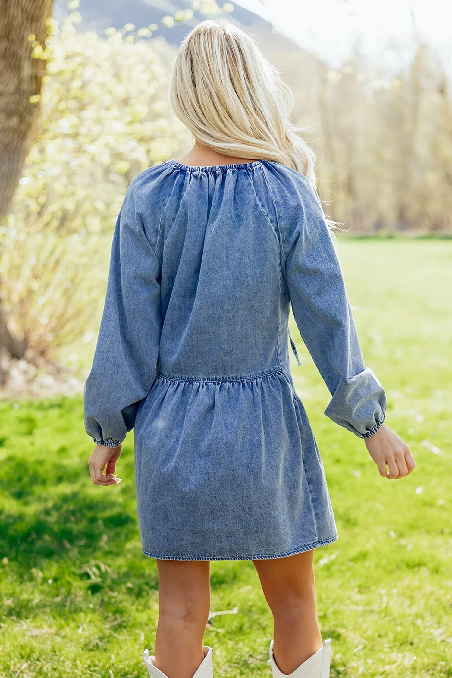 Puff Sleeve Ruffled Denim Mini Dress – Blue sold by eAura product image thumbnail 2