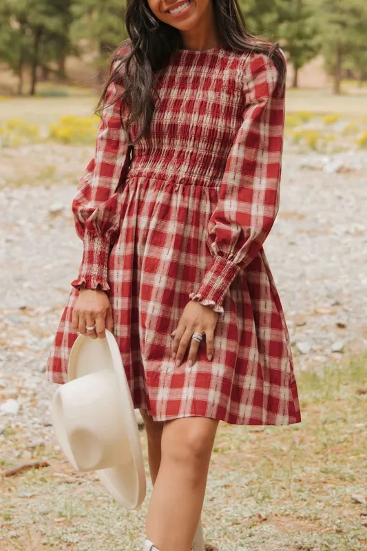 Plaid Print Smocked Puff Sleeve Mini Dress – Red made by eAura