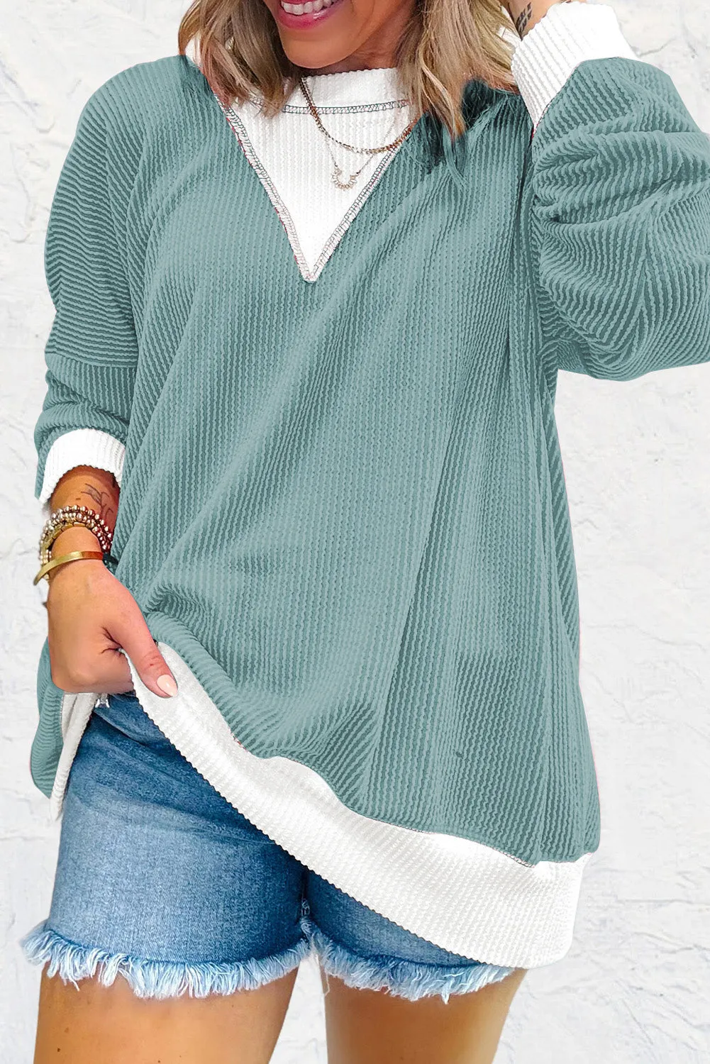 Ribbed Colourblock Drop Shoulder Loose Top – Teal sold by eAura product image thumbnail 2